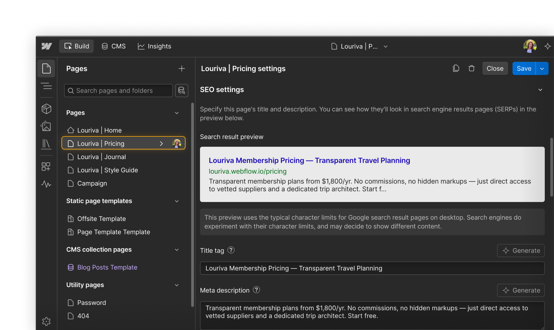 Page settings for the Pricing page showing SEO settings like title tag and meta description.