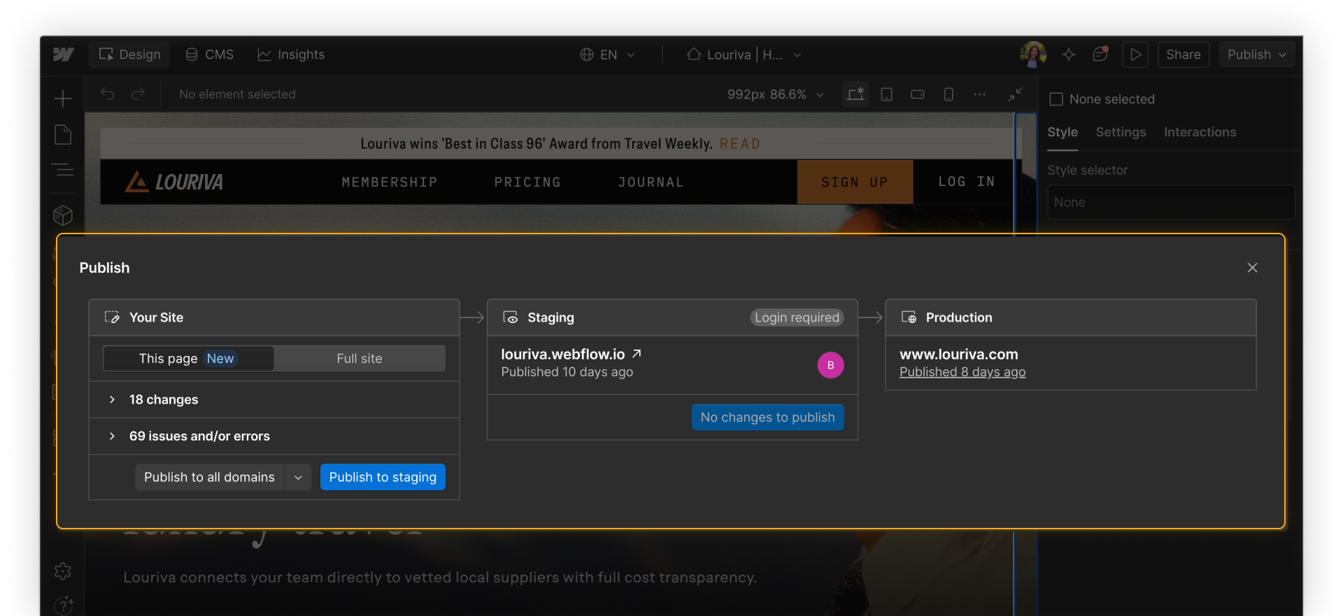 Enterprise publishing workflow showing page changes reviewed and published to staging before production.