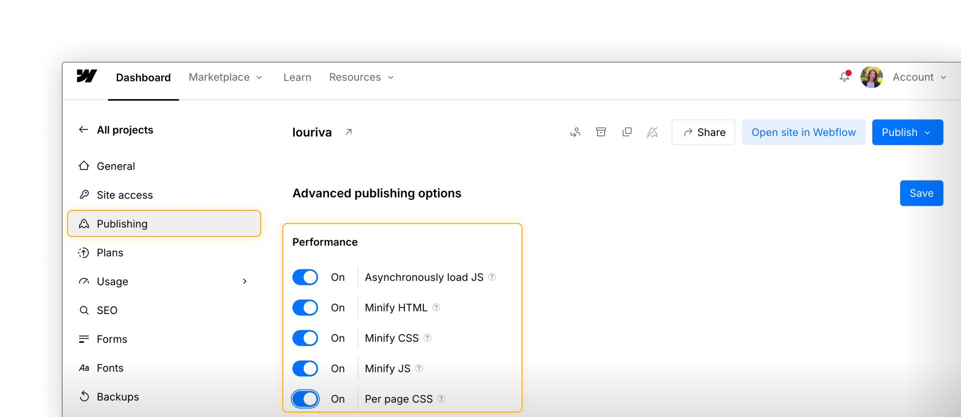 Webflow publishing settings showing performance optimizations that improve site speed and SEO.