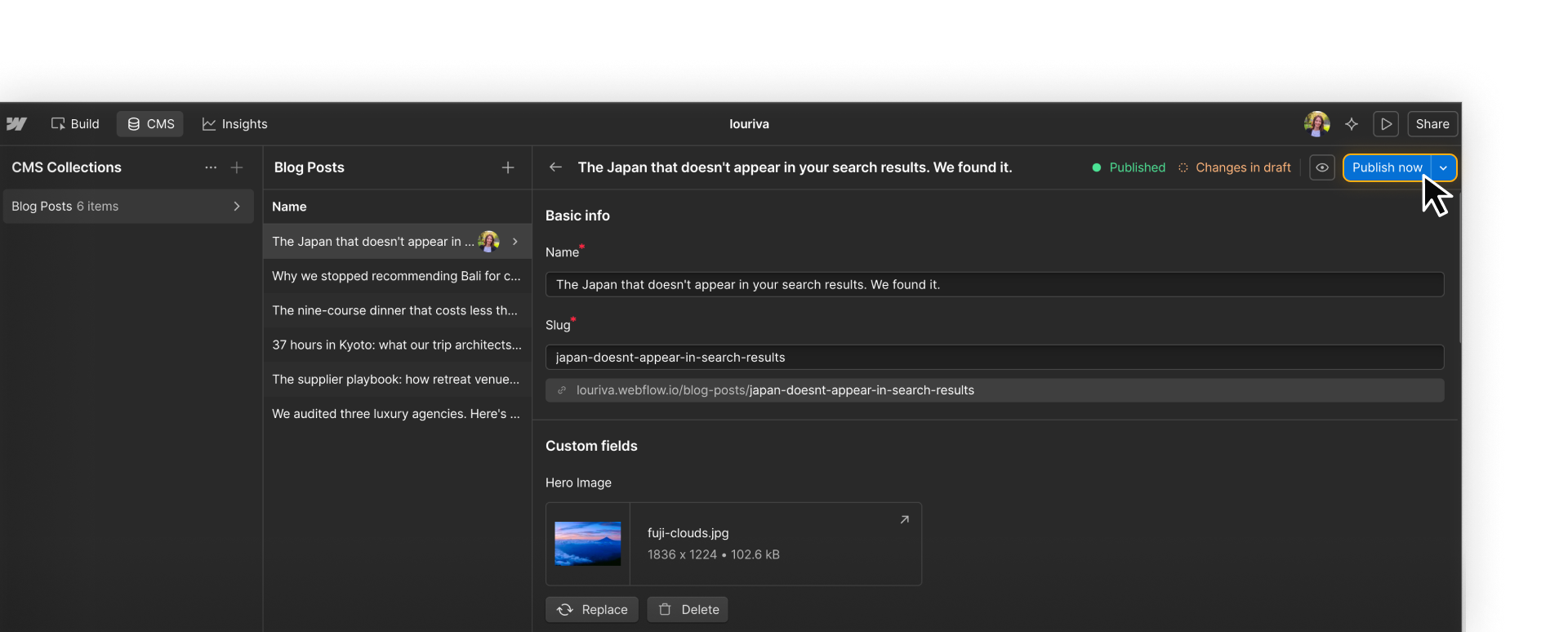 Webflow CMS showing a single blog post item being published without publishing the full site.