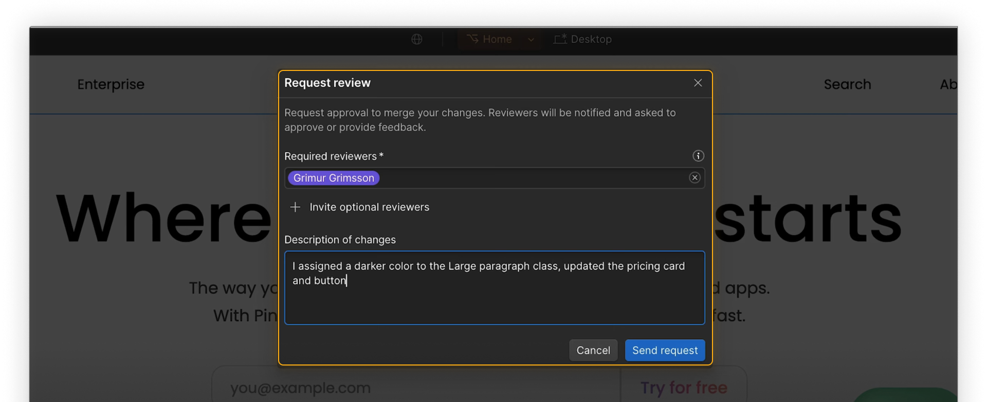 Request review panel showing design changes submitted for approval and feedback.