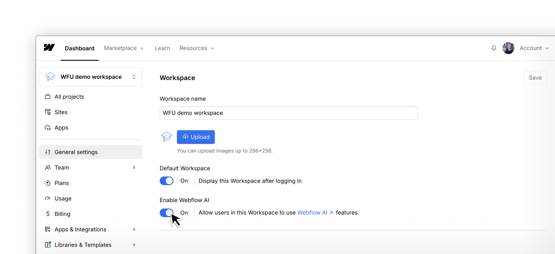 The Webflow Workspace Settings panel with the Enable Webflow AI toggle visible.