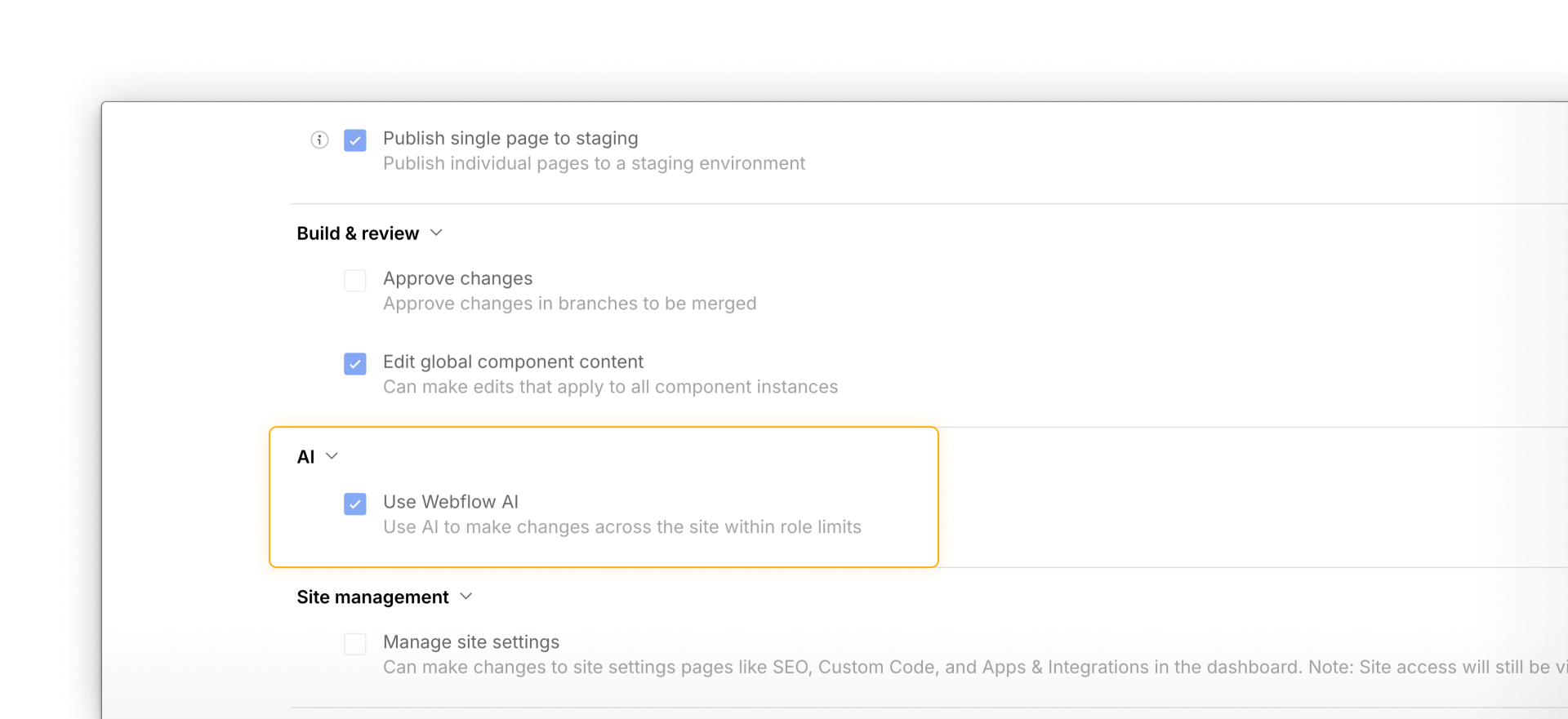 The Webflow Roles panel in Workspace Settings showing the Use Webflow AI permission enabled on a default role.