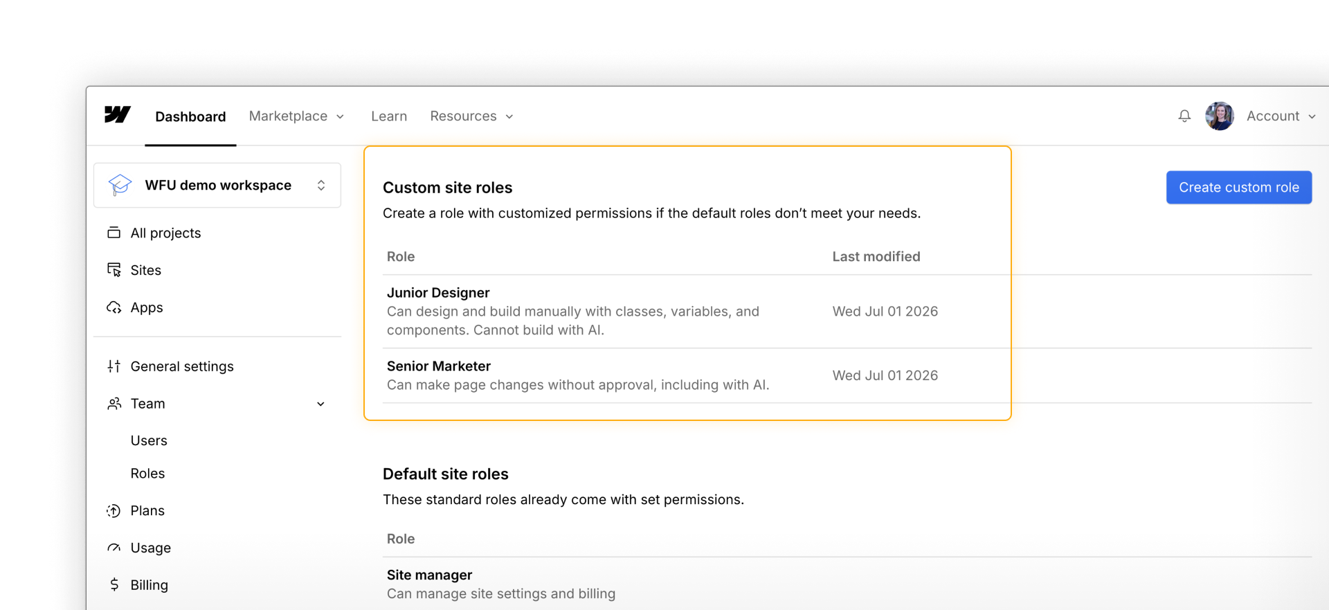 Webflow Workspace Roles panel showing two Custom site roles: A Junior Designer with no AI access and a Senior Marketer that can make page changes, including with AI.