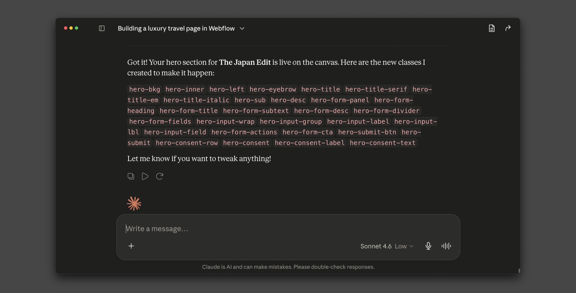 A Claude conversation showing AI-generated class names for a Webflow hero section, illustrating class bloat.