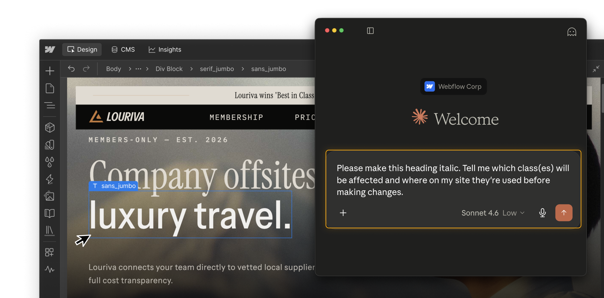 Webflow site with a heading selected, and a Claude chat dialogue asking the agent to make the heading not italic, with a request to tell the user which classes will be affected before acting.