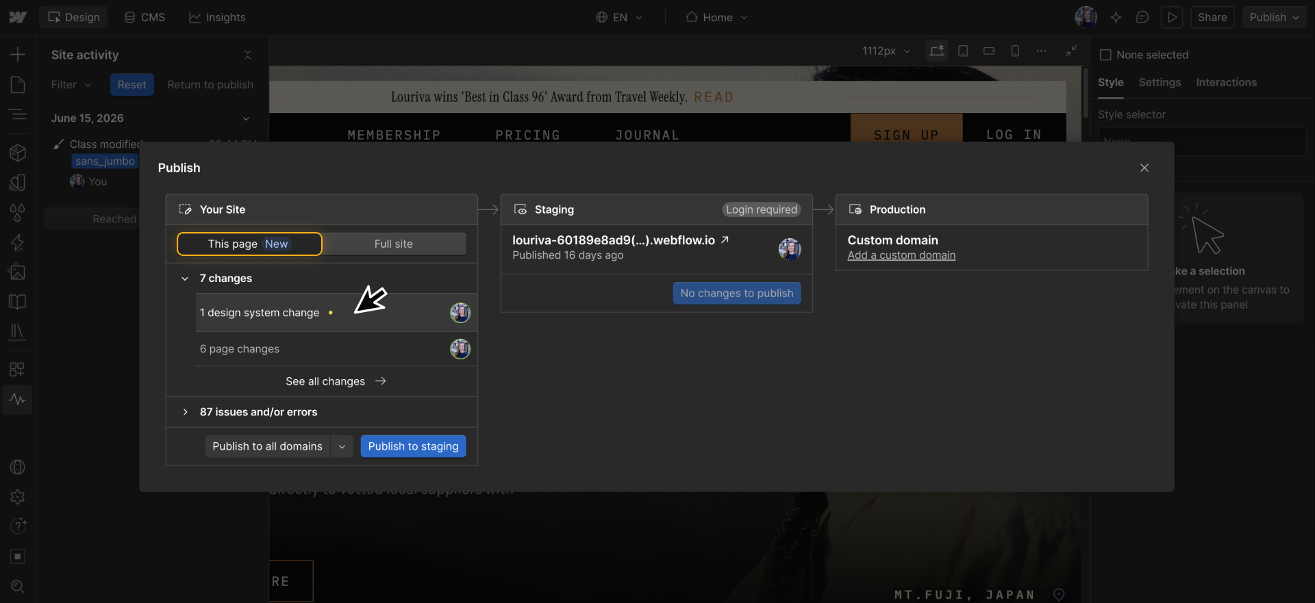 An Enterprise staging publish view showing recent changes listed before publishing, and the option to publish a single page.