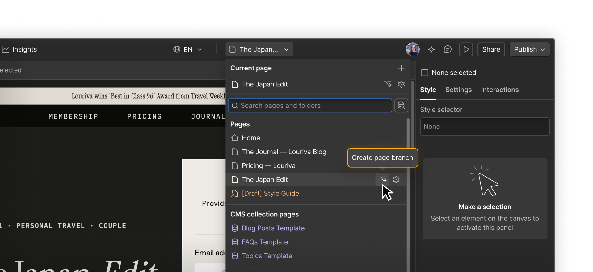Webflow pages panel showing the option to create a branch on an existing page.