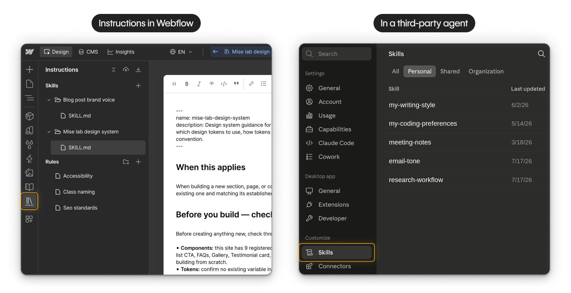 Side-by-side of skills in an individual chat agent setup and a set of Webflow Agent Instructions within a site for multiple people and agents.
