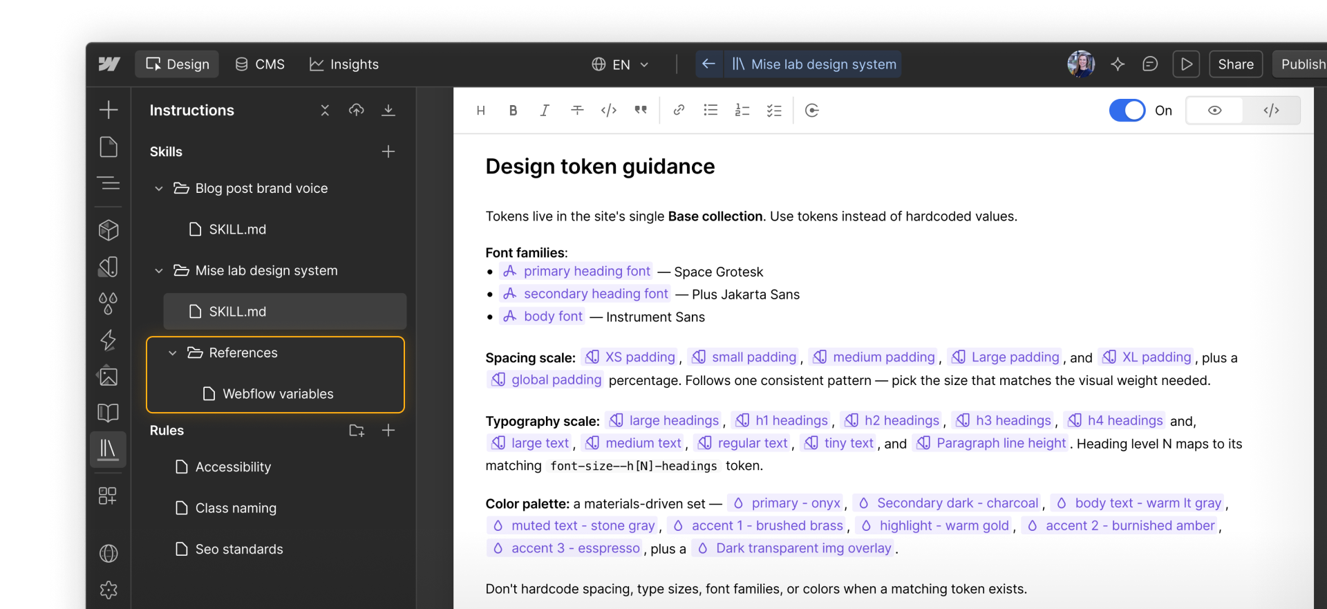 A design system skill open in the Webflow instruction editor includes references to all named variables in a Base collection on a site.