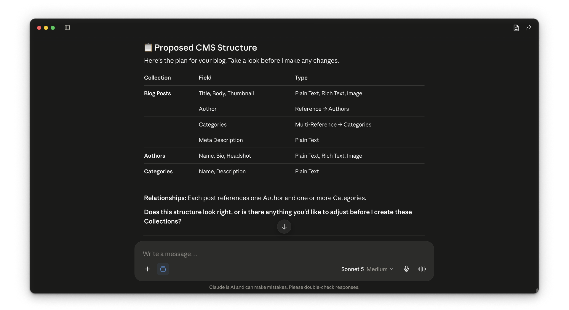 An AI agent proposes separate Blog Posts, Authors, and Categories Collections with suggested fields and reference relationships in Webflow.