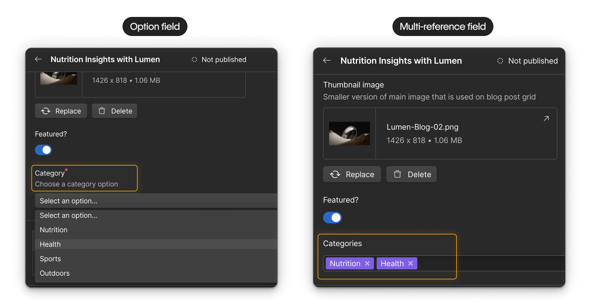 Blog Posts uses a Category Option field with dropdown choices on the left and a Category multi-reference field connected to the Categories Collection on the right.