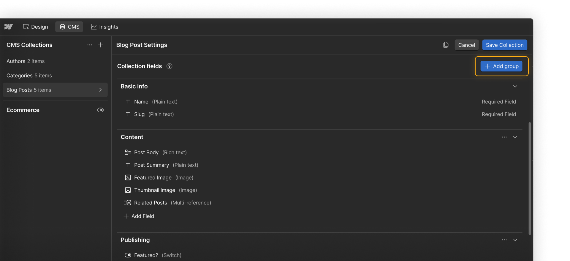 A Blog Posts Collection in Collection Settings with fields organized into Basic, Content, and Publishing groups.