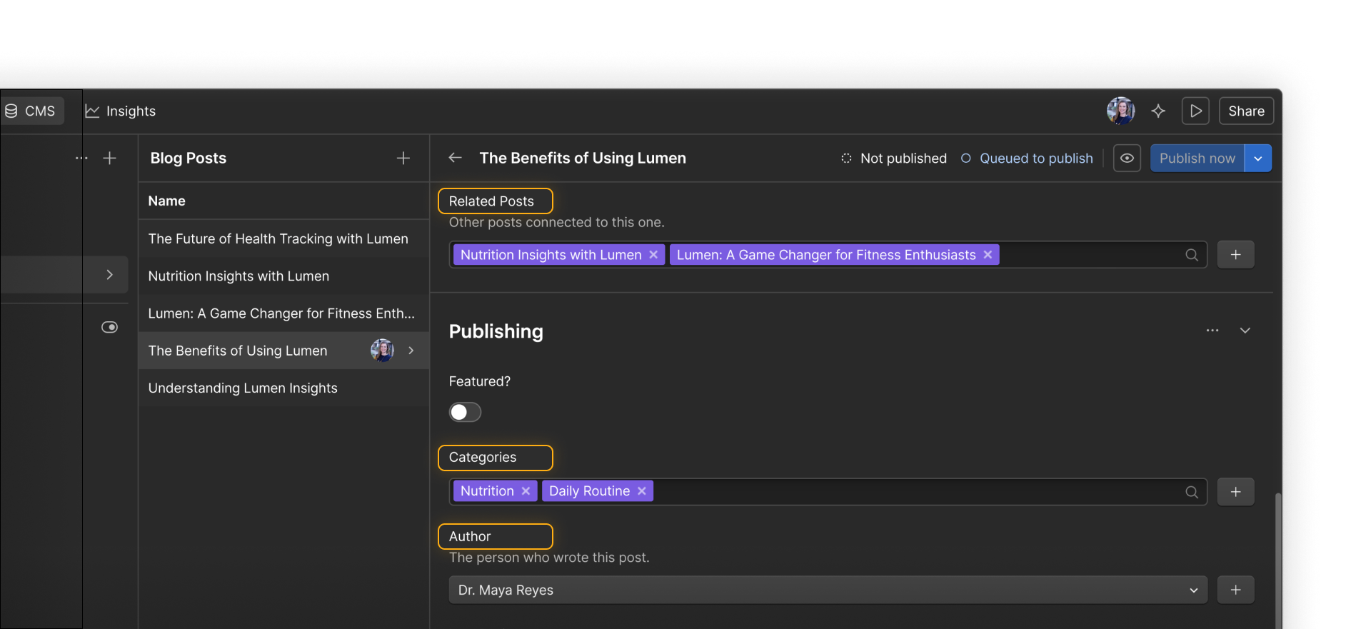 Blog Posts connect to other related blog posts and to separate Categories and Authors Collections.