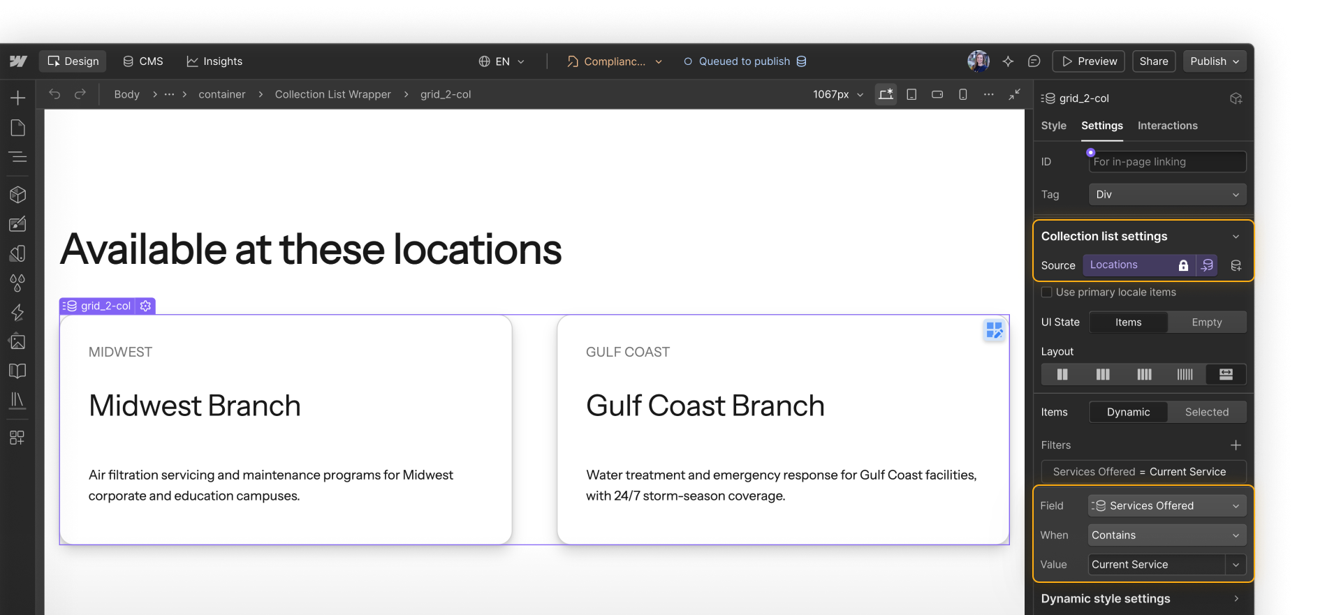 A Service Collection page lists the Locations that offer it using a Collection List filter set to Services contains Current Service.