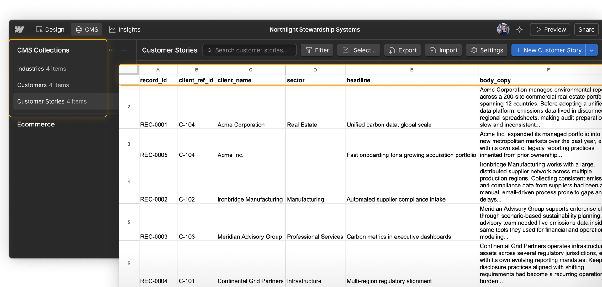 A source customer story record contains data relevant to three separate CMS Collections in Webflow.