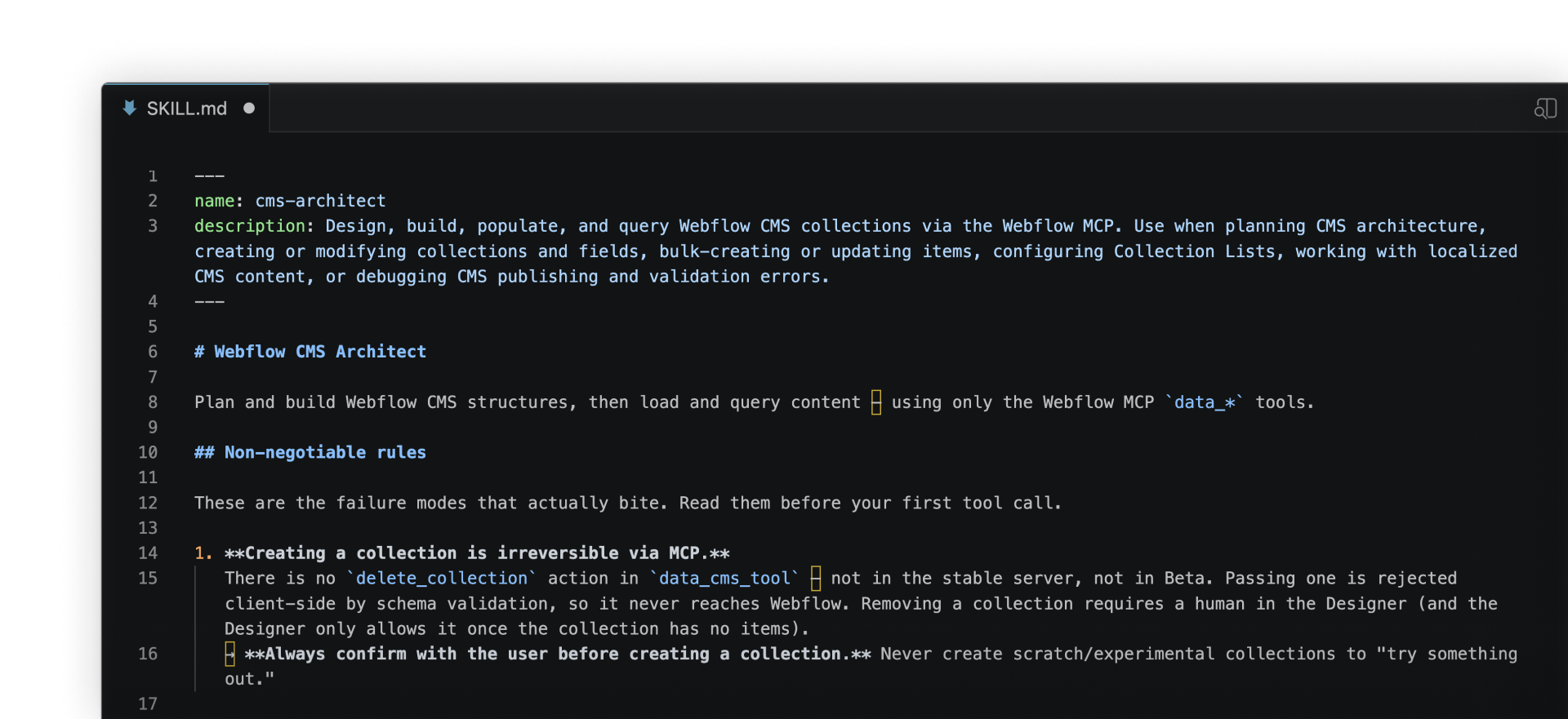 A sample Markdown skill called "cms-architect" made to support the design and build of new Webflow CMS Collections and items.