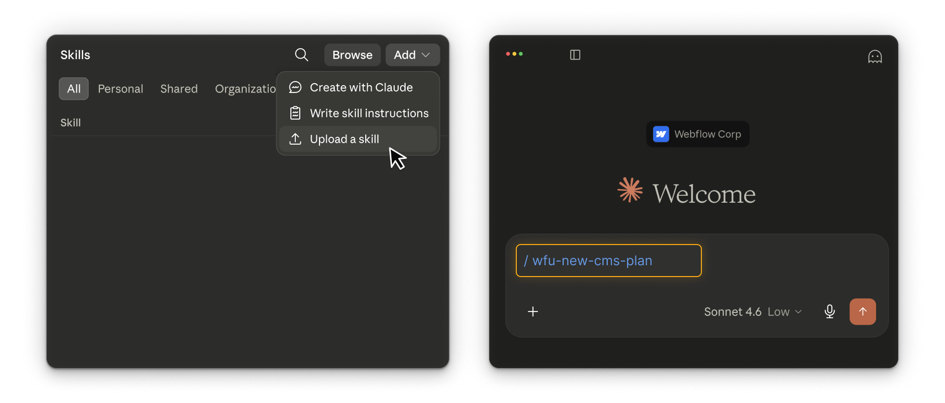 A simple two-step visual of the installation process: upload the skill, then run it in Claude.