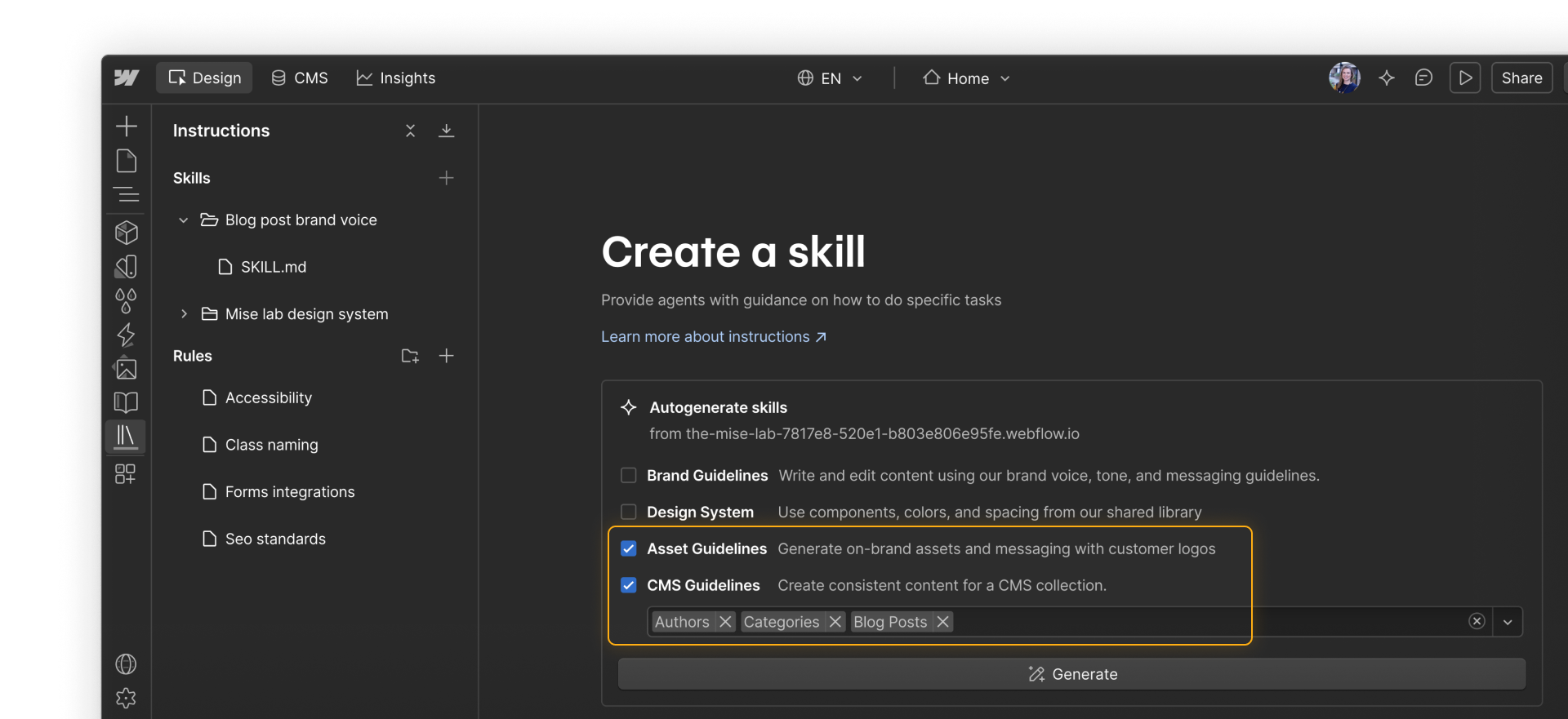 The skill generation screen shows Brand Guidelines, Design System, Asset Guidelines, and CMS Guidelines selected for generation, with specific CMS collections selected.