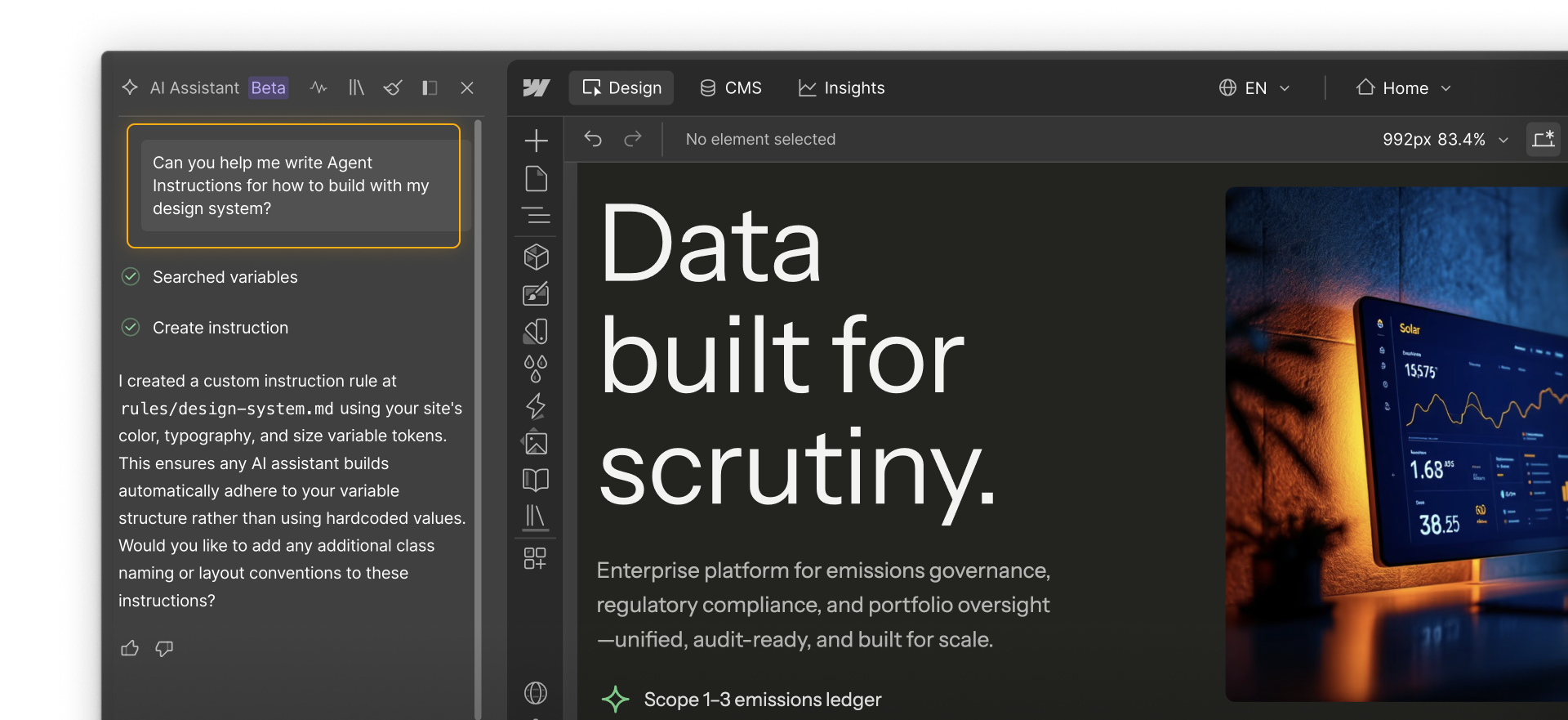 The AI Assistant panel shows a user describing the instruction they want and AI Assistant returning a drafted instruction.