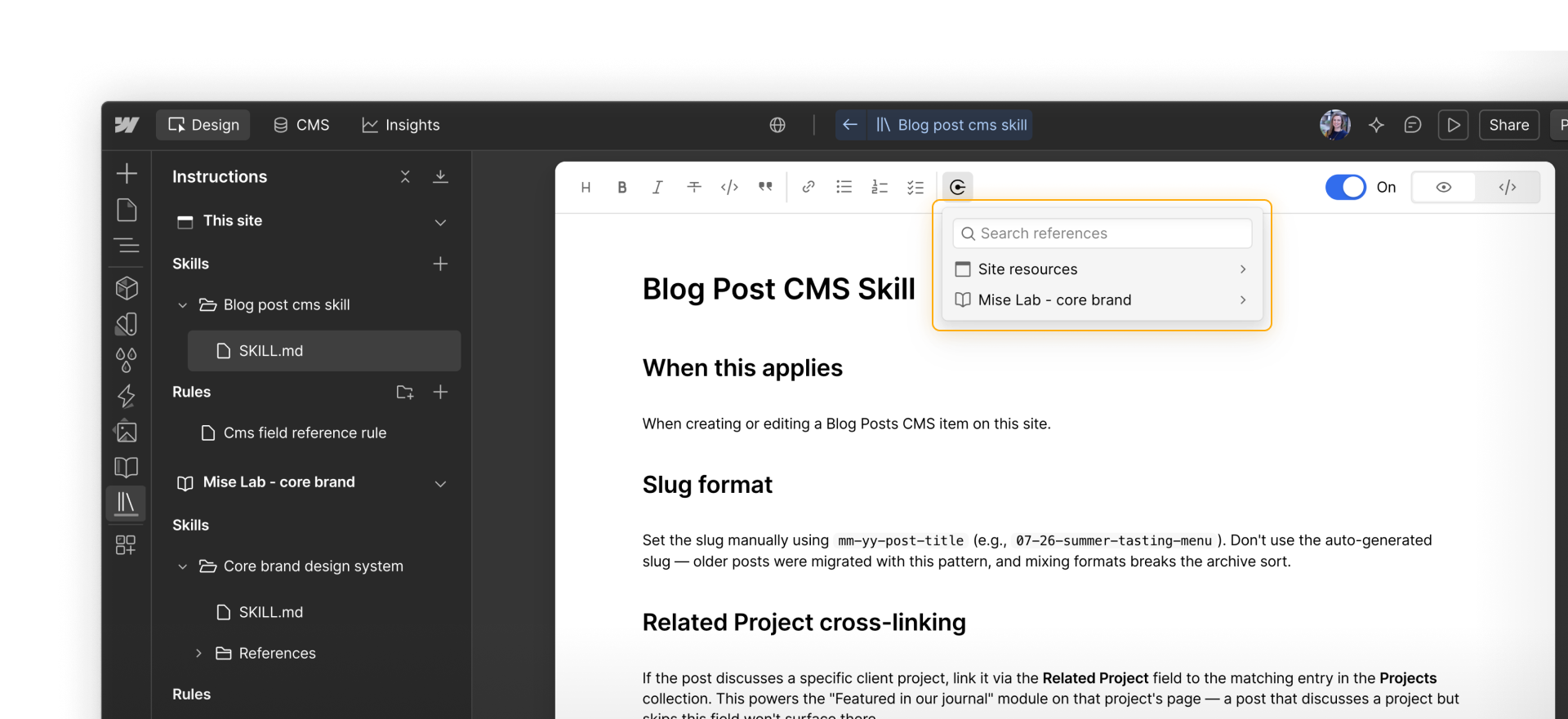 he reference picker separates Site resources from resources in the installed "Mise Lab - core brand" library.