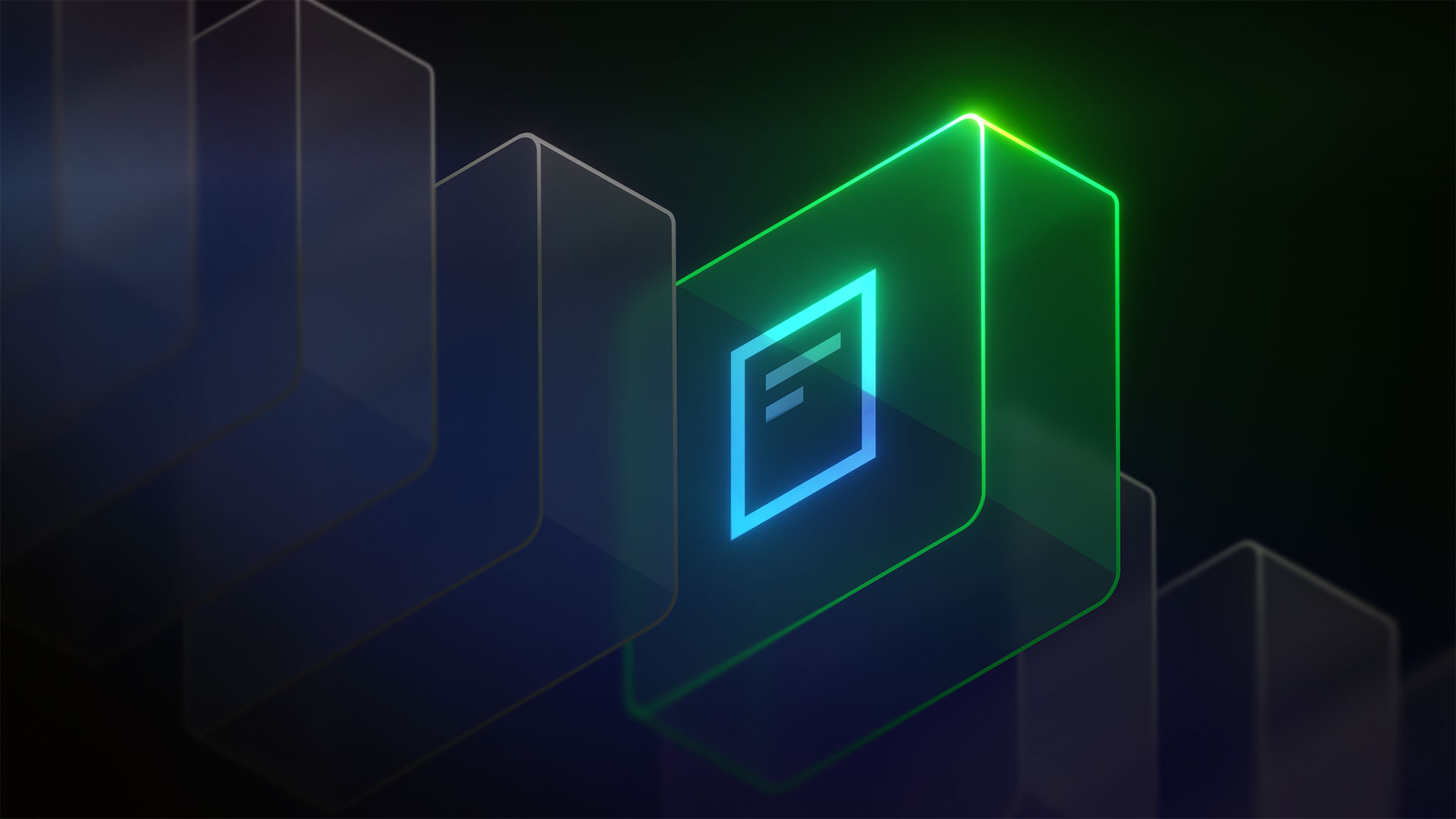 Glowing green panel with a document icon, part of a series of dark glassmorphic panels receding into the background.