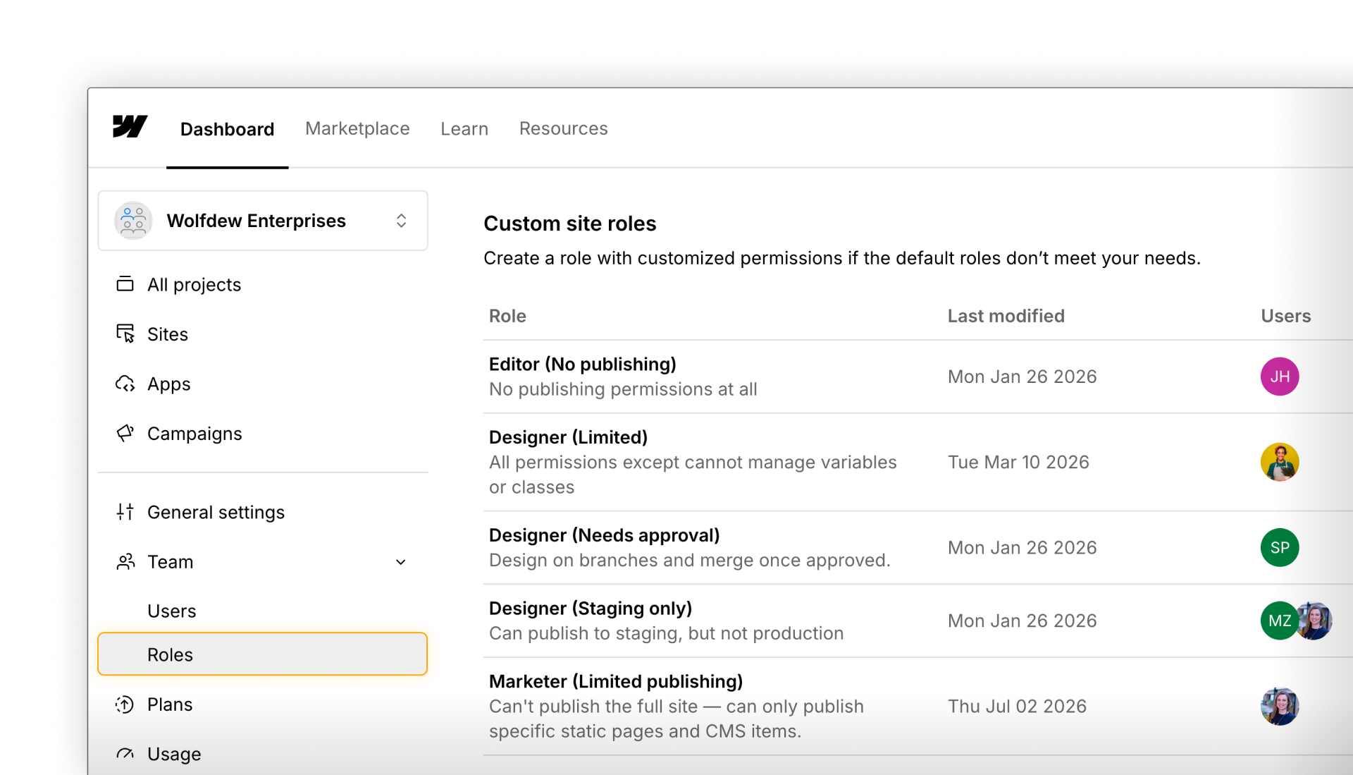 Custom site roles showing tailored permissions for publishing, design, and other site access.