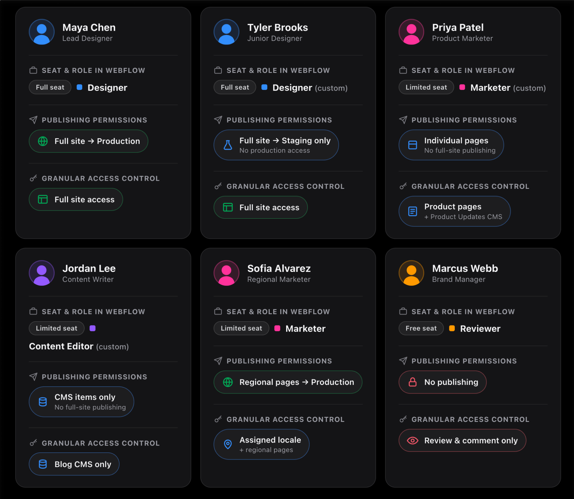 Team roles showing different publishing permissions and granular access based on each person’s responsibilities.