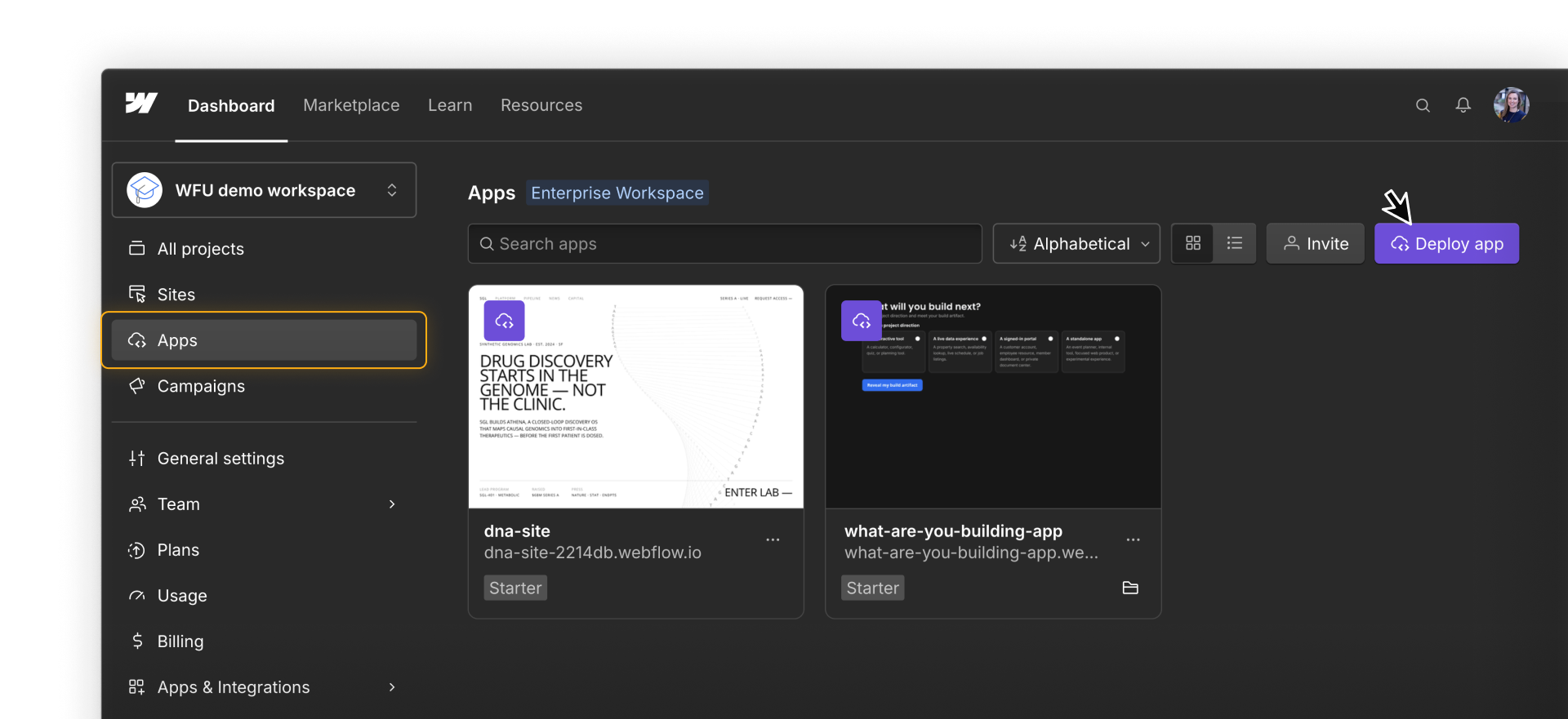 Webflow Dashboard with Apps selected in the workspace sidebar, two deployed apps listed, and the Deploy app button highlighted.