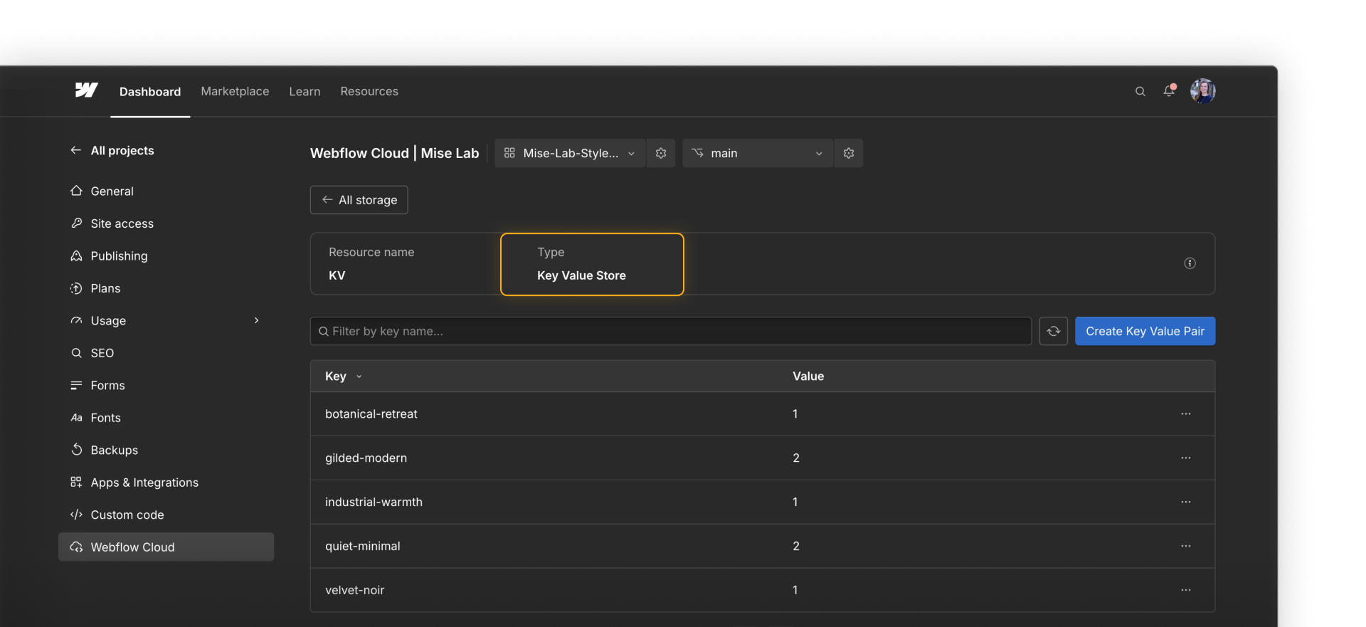 Webflow Cloud key-value store showing interior design style names as keys and the number of quiz results for each as values.