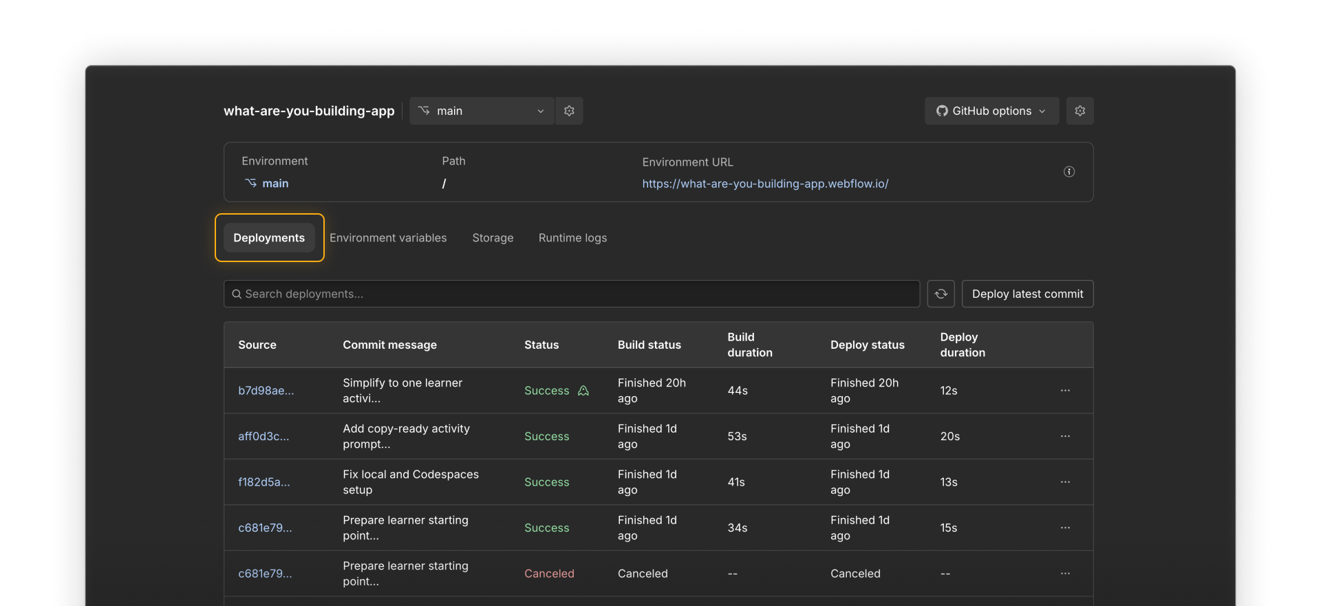 Webflow Cloud Deployments tab showing build and deployment statuses for several GitHub commits to the main branch.