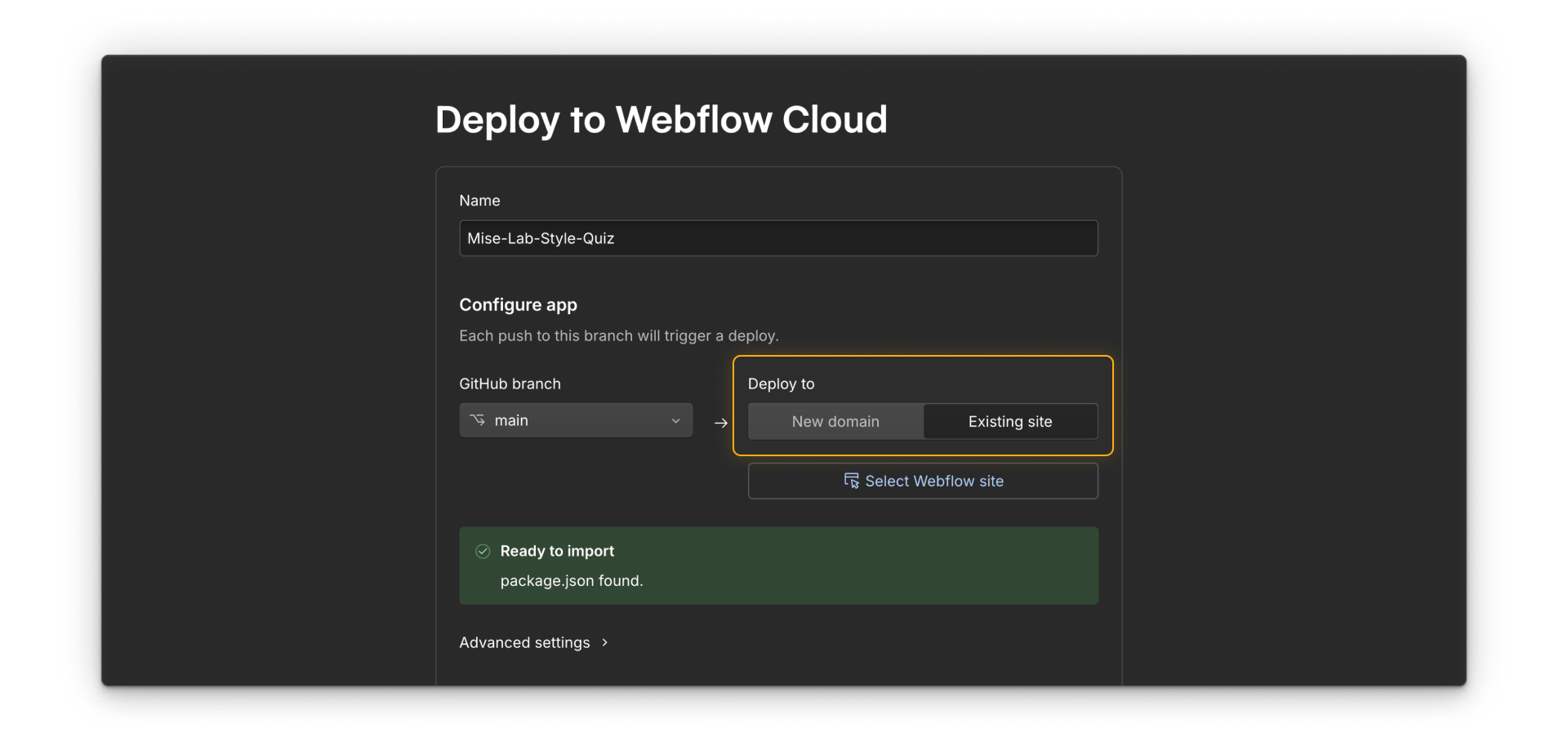 The Webflow Cloud deployment setup offers Existing site and New domain as deployment targets.
