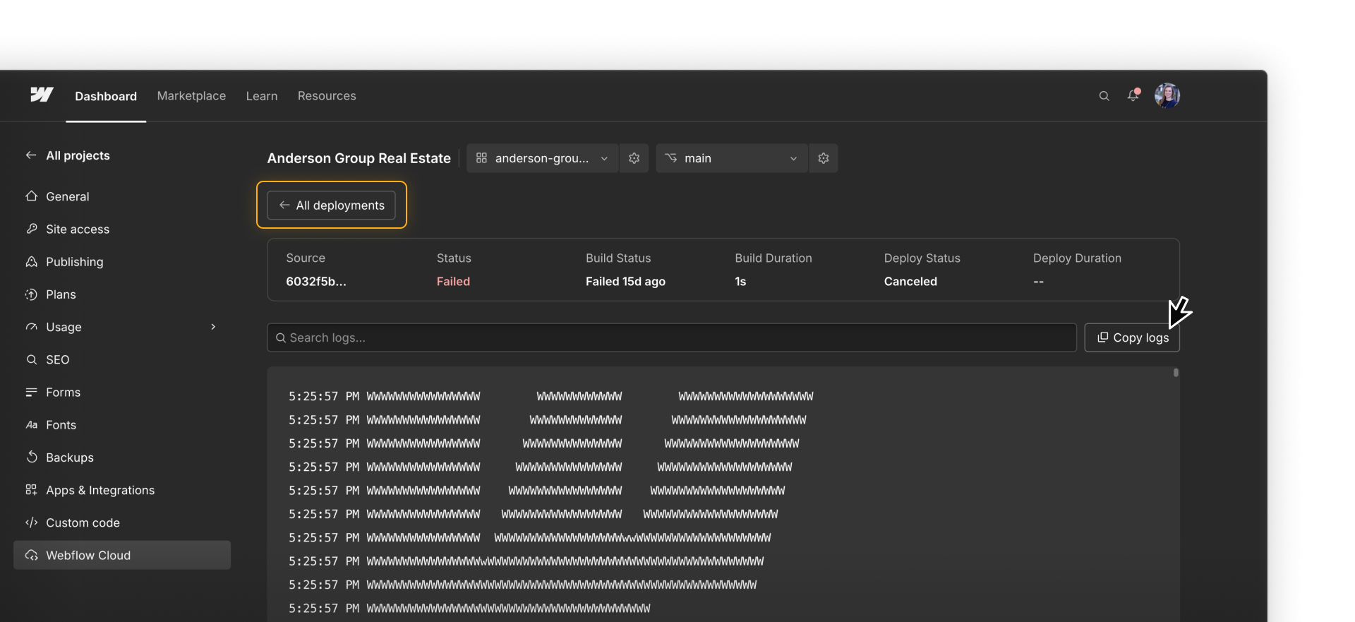 A failed Webflow Cloud deployment shows a failed build and canceled deployment above the build log, with All deployments and Copy logs highlighted.