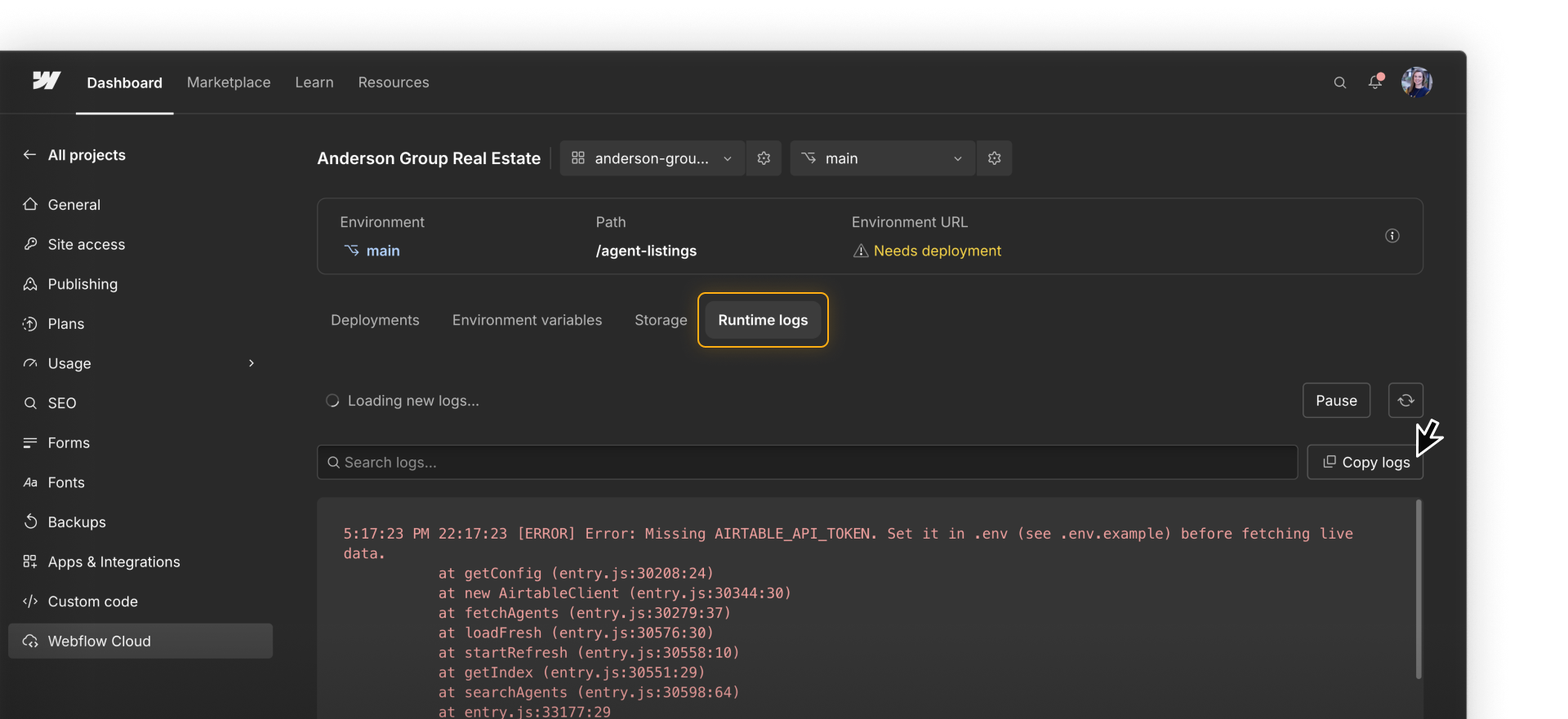 The Webflow Cloud Runtime logs show repeated “Missing AIRTABLE_API_TOKEN” errors and the server-side functions that led to them.
