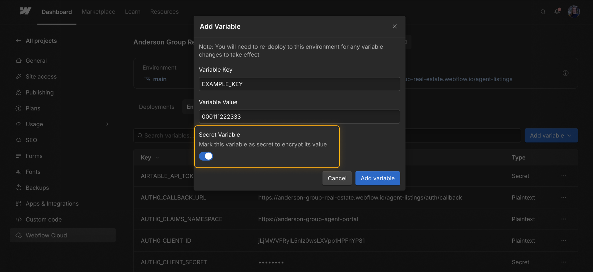 The Add Variable dialog in Webflow Cloud shows Secret Variable enabled for a new environment variable.