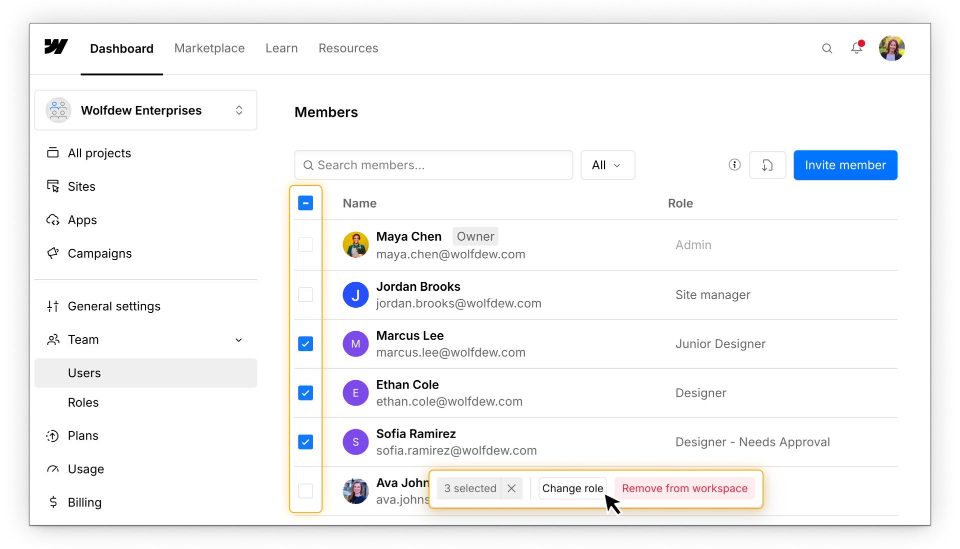 Workspace members selected in bulk to change their roles or remove them from the workspace.