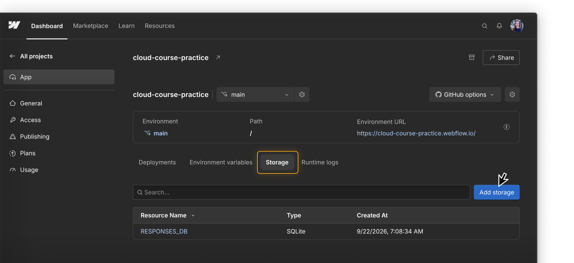 The Storage tab for the activity app lists RESPONSES_DB as a SQLite database.