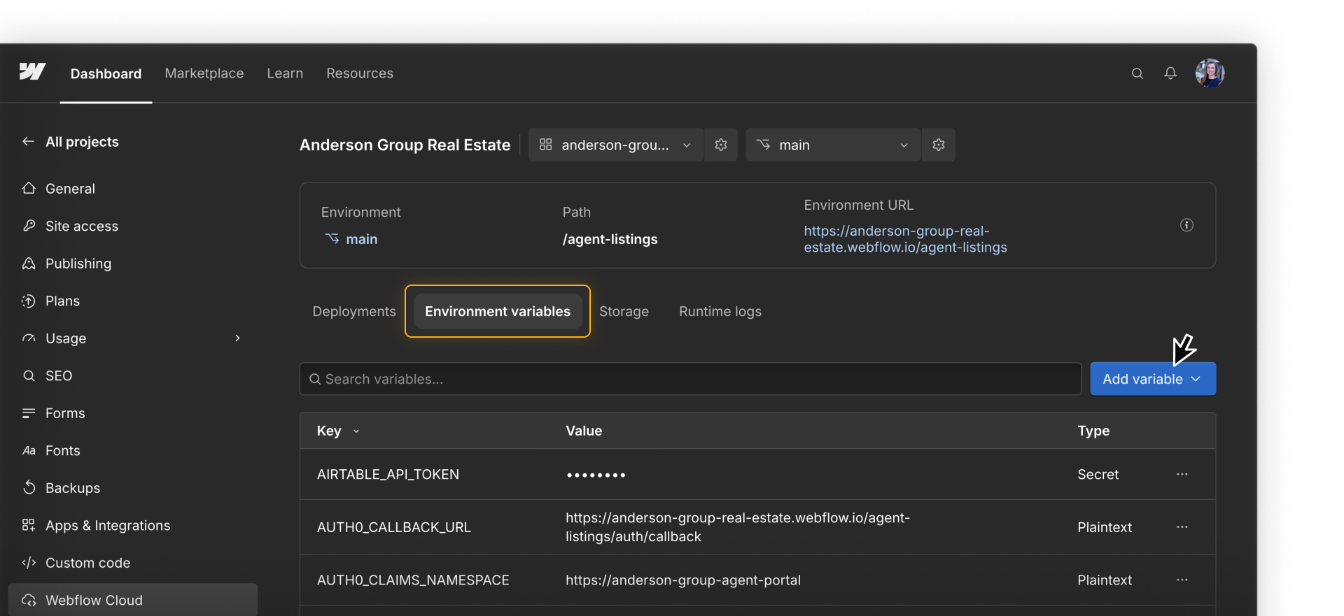The property app’s environment variables include Airtable and Auth0 settings, with the Airtable API token masked as a secret.