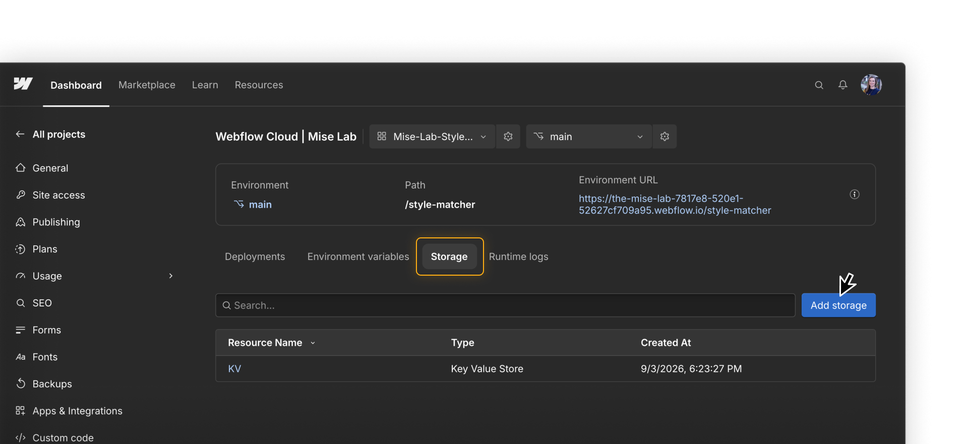 The Storage tab for the Style Matcher app lists KV as a Key Value Store.