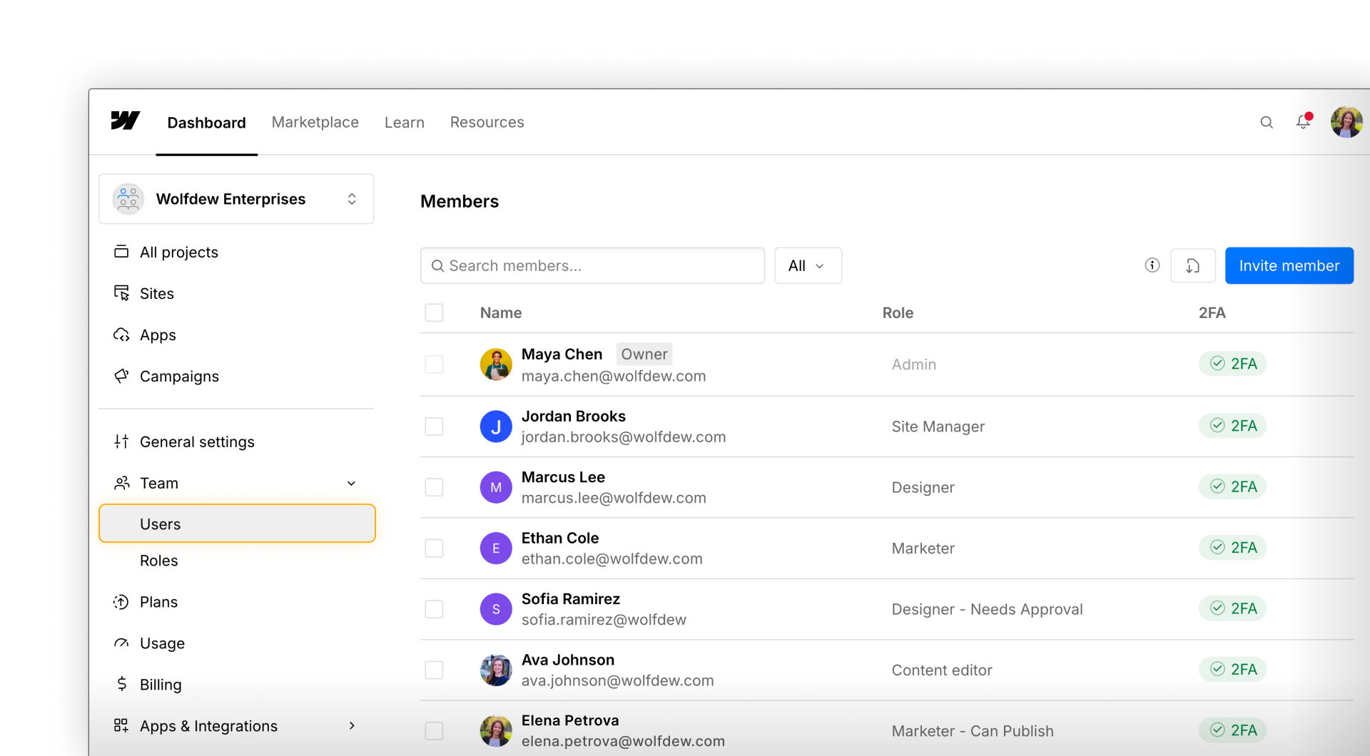 Workspace team settings showing members and their assigned roles across Webflow sites.