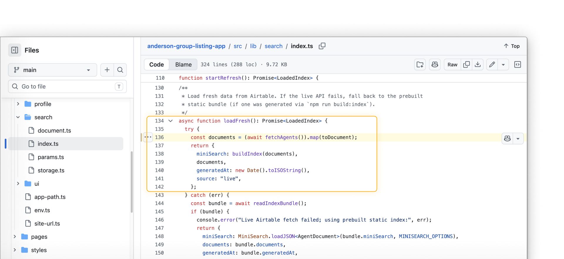 Backend code fetches live agent data and falls back to a static search index if the Airtable request fails.