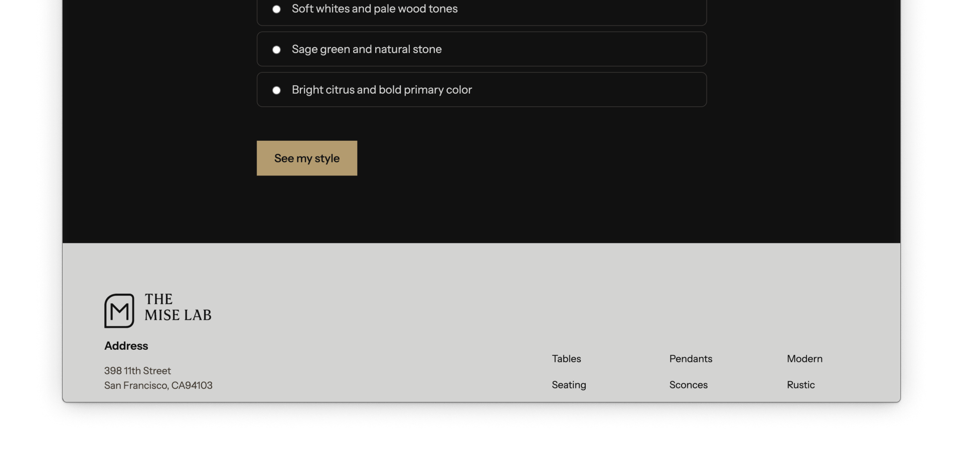 A quiz question and submit button show above a footer component on a Webflow site.