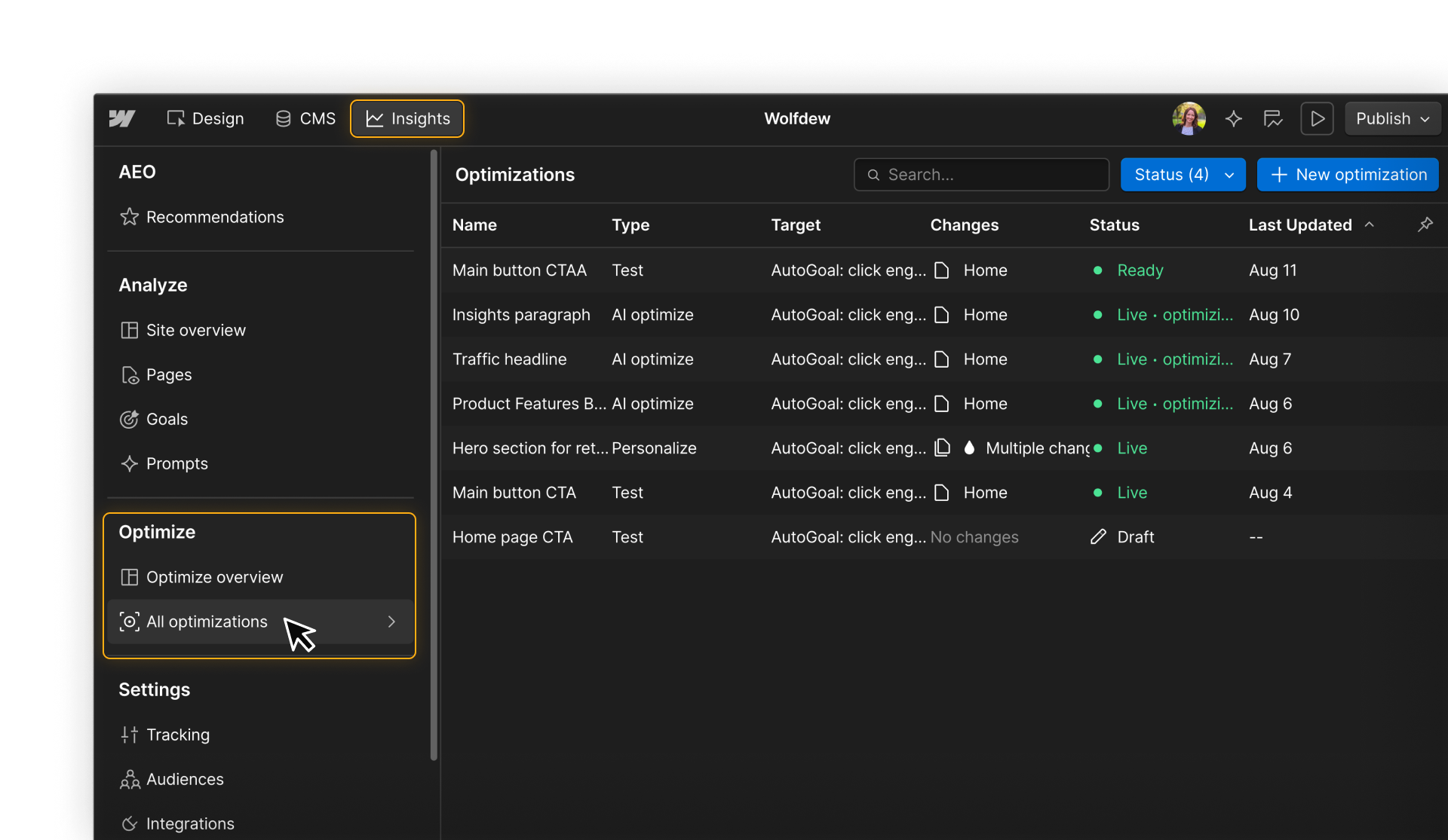 Webflow’s Insights tab with Optimize highlighted and All optimizations selected, showing optimization types and statuses.