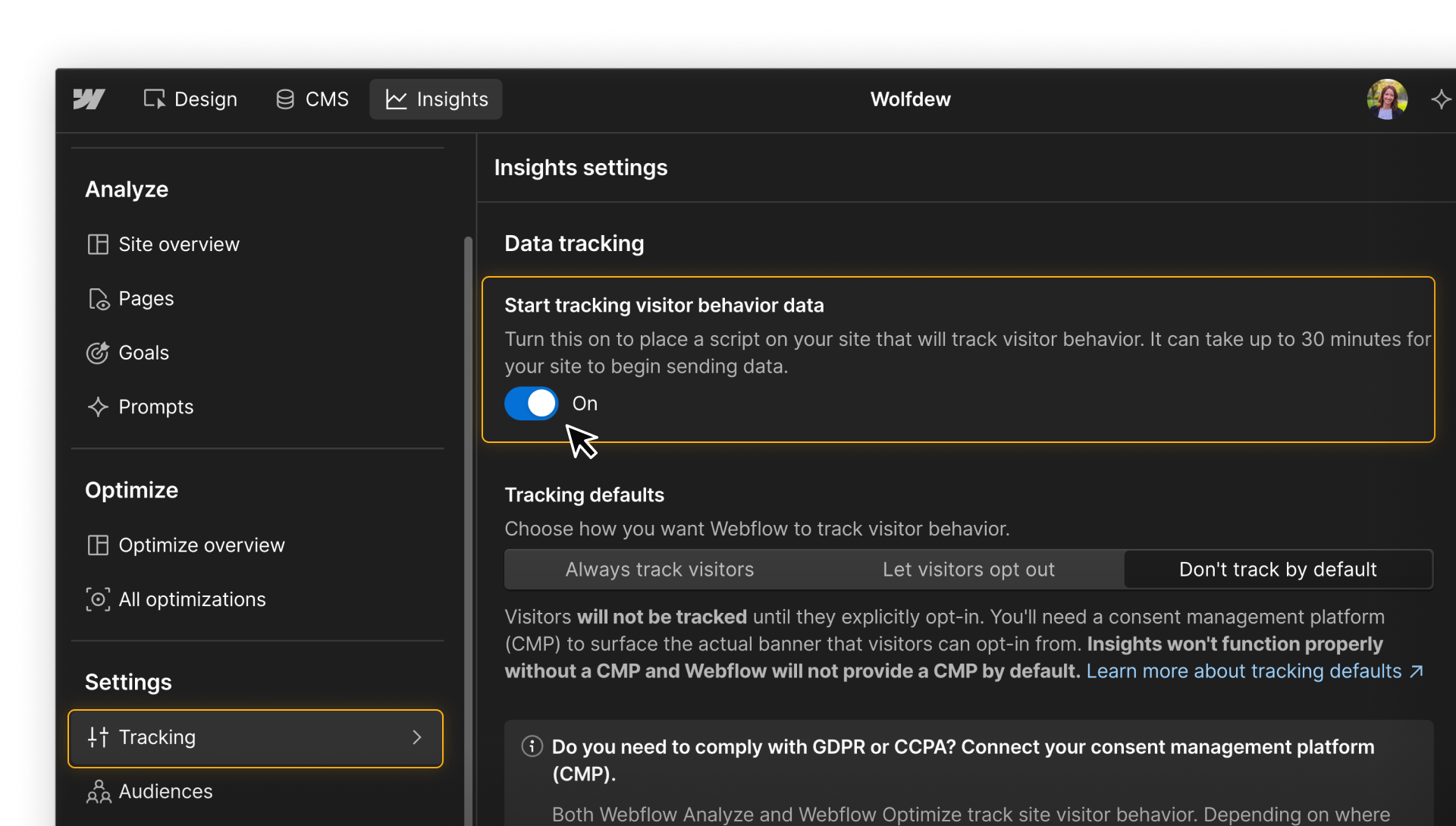 Webflow Insights tracking settings with “Start tracking visitor behavior data” toggled on and Tracking highlighted.
