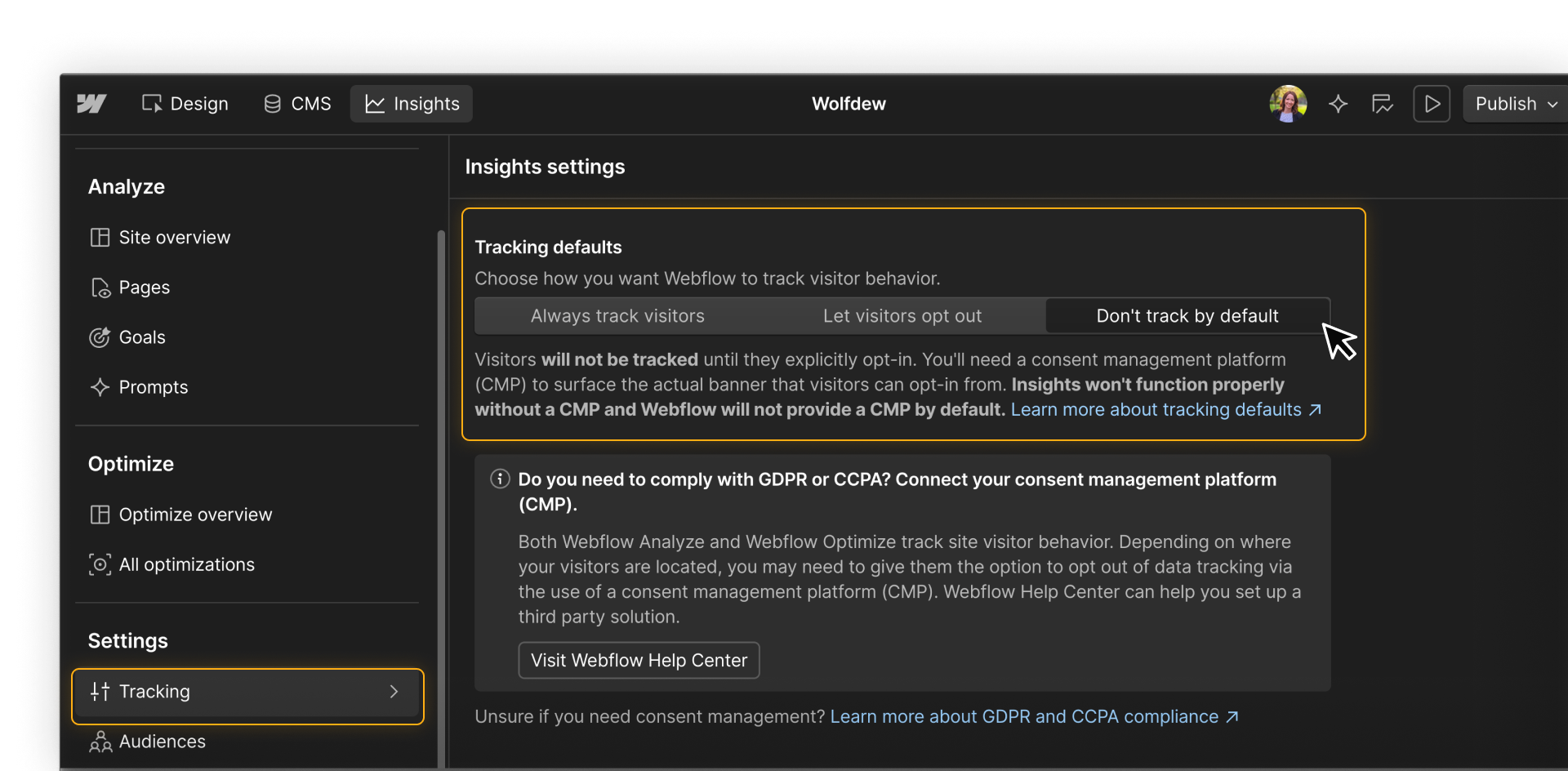 Webflow tracking defaults: always track visitors, let visitors opt out, or don’t track by default, with the last selected.