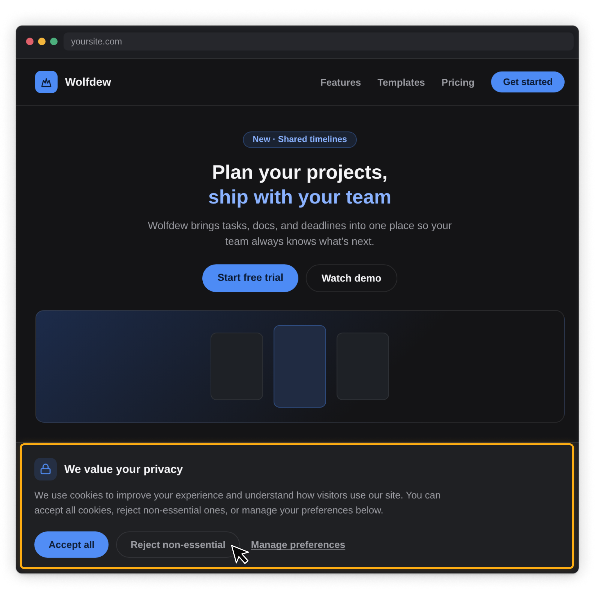 Website cookie consent banner with options to accept all cookies, reject non-essential cookies, or manage preferences.