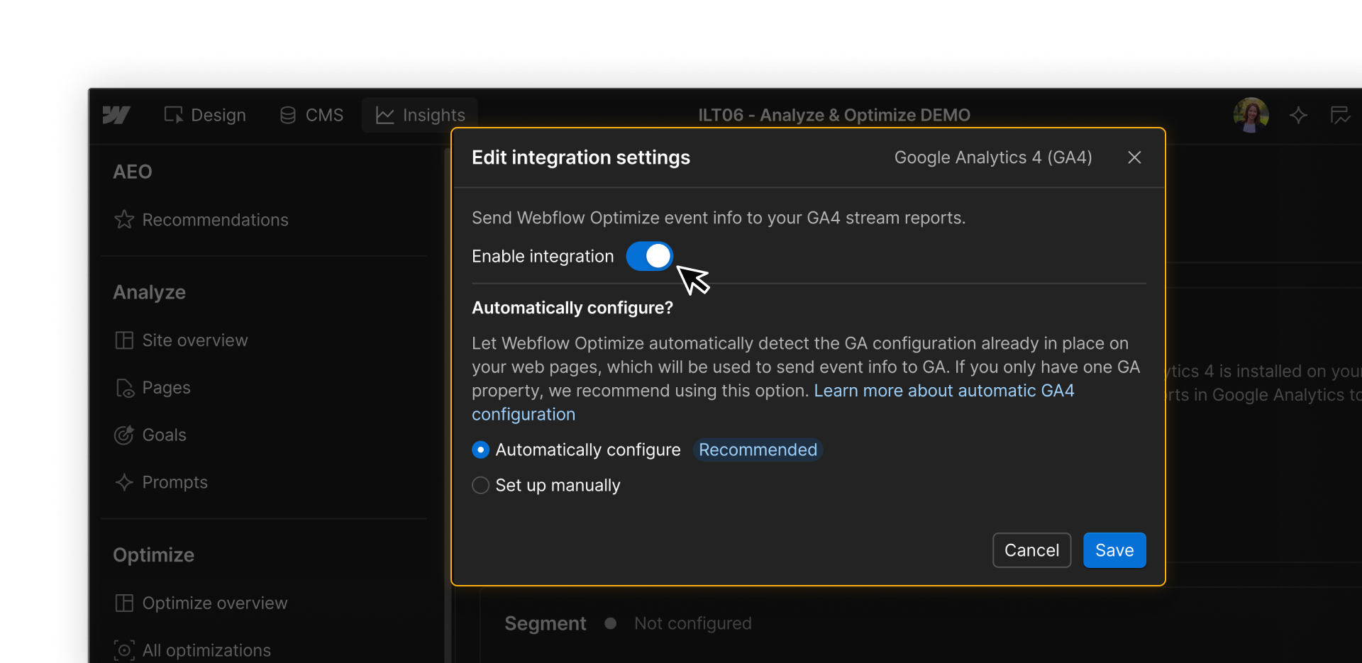 Webflow Optimize’s Google Analytics 4 integration settings with the integration enabled and automatic configuration selected.