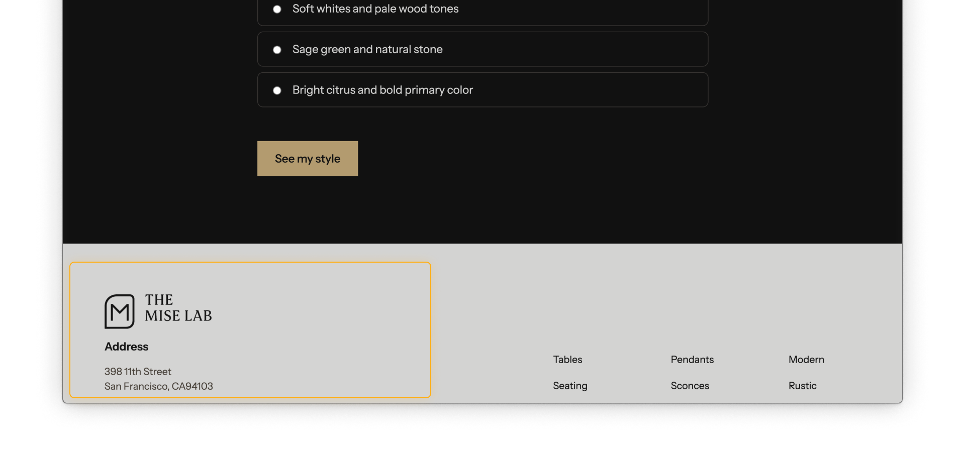 A quiz question and submit button show above a footer component on a Webflow site.