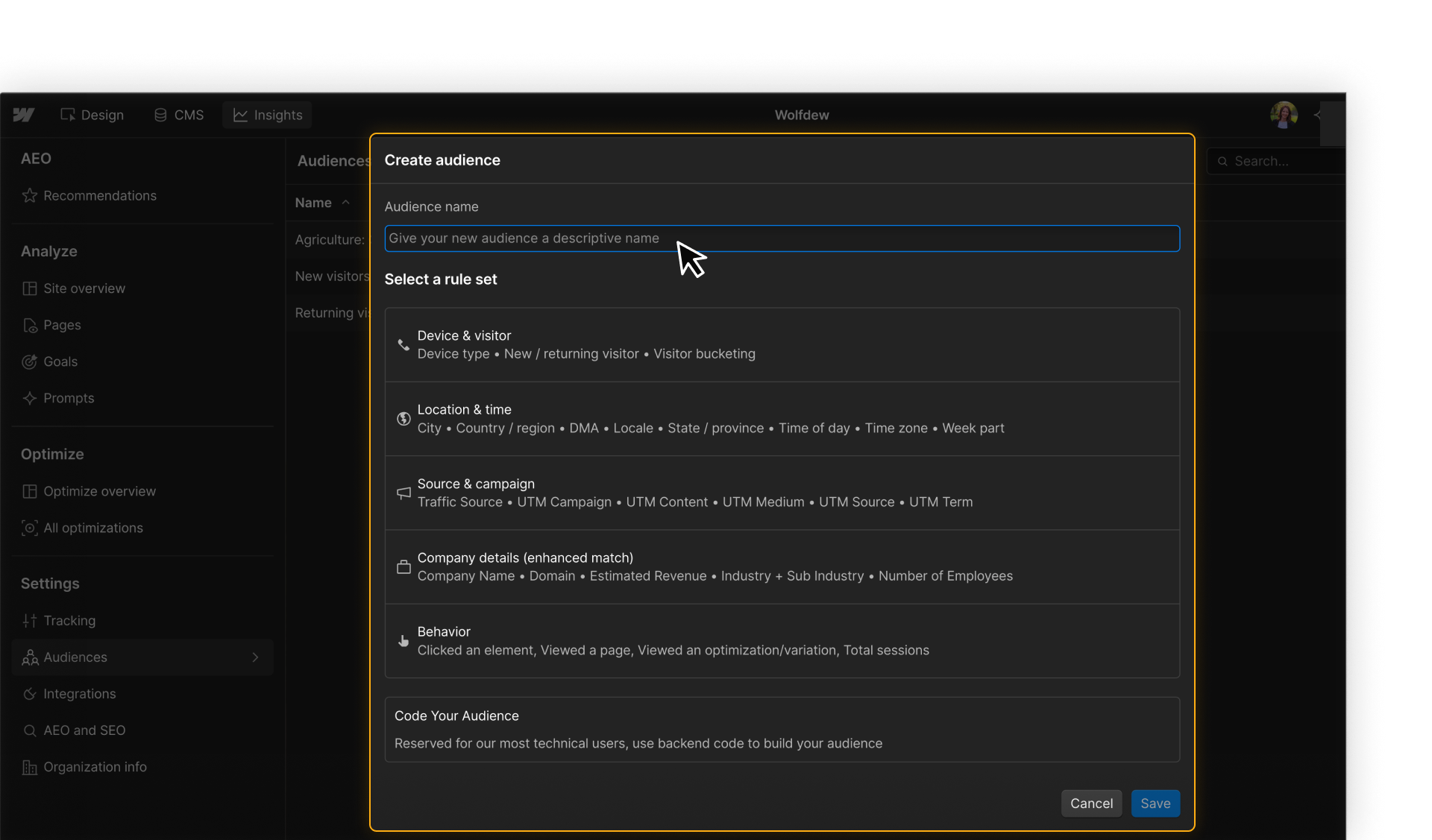 Create audience modal with a name field and rules for device, visitor, location, time, campaign, company, and behavior.