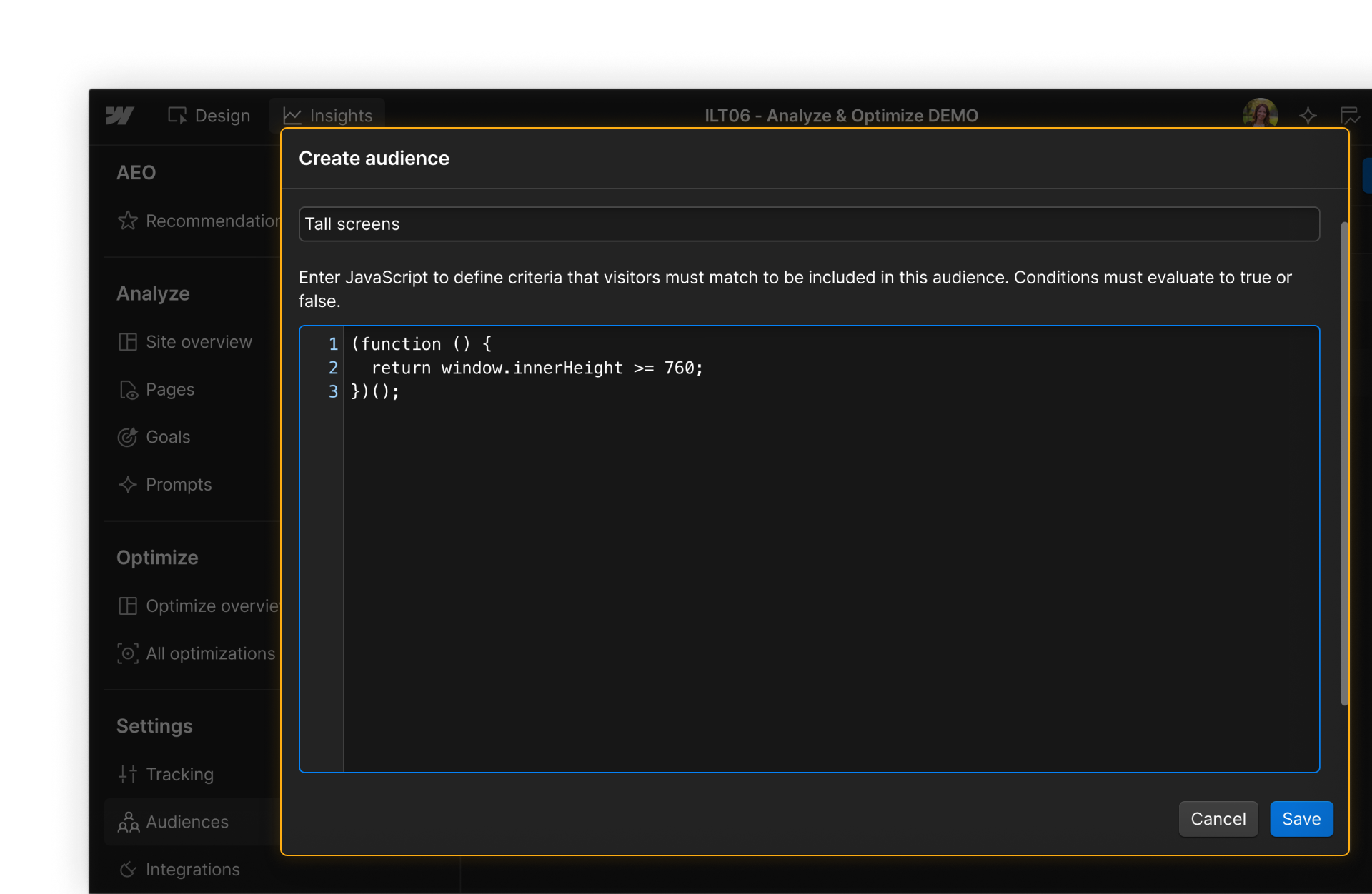 Create audience modal after selecting “Code Your Audience,” with JavaScript defining “Tall screens” as a viewport at least 760 pixels tall.